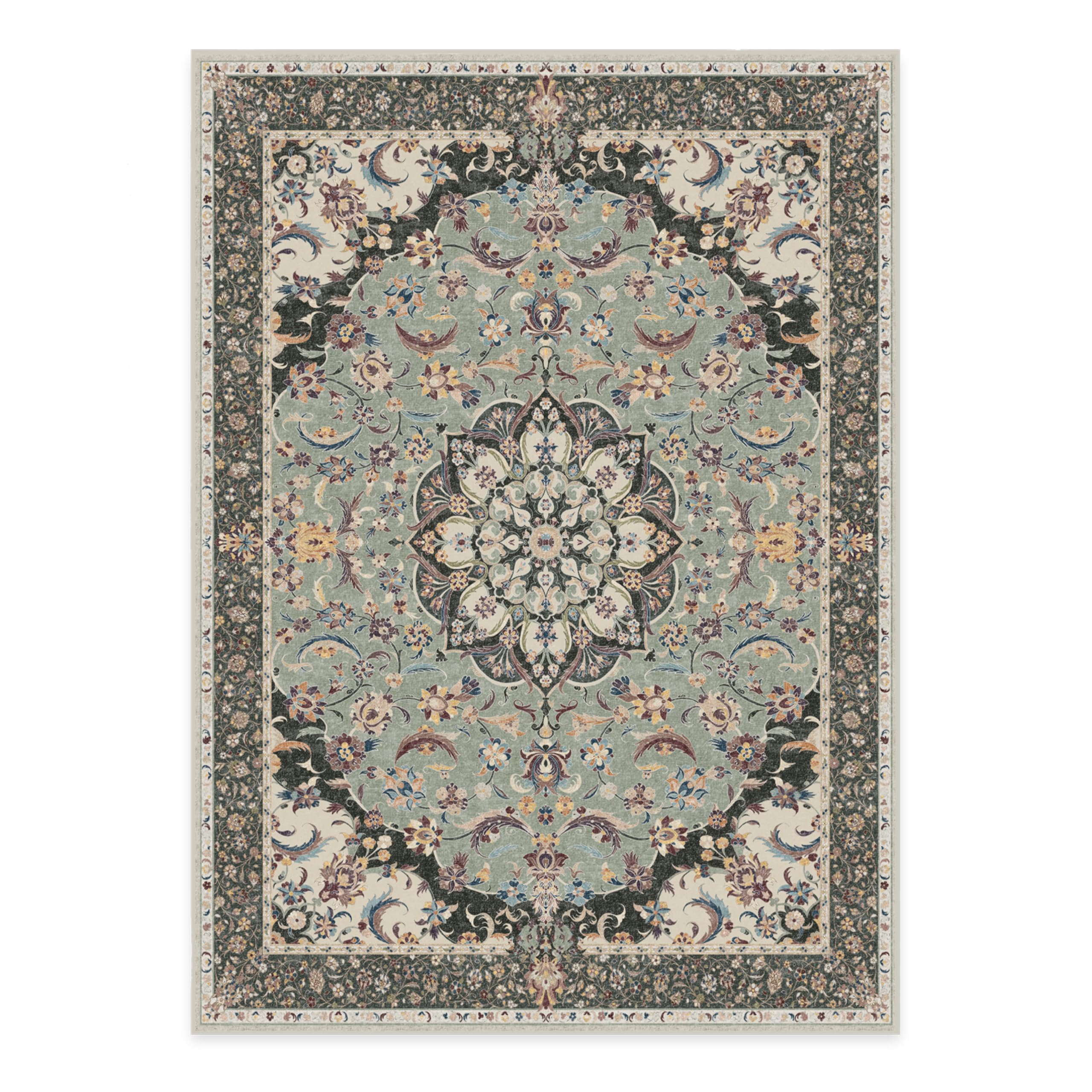 Ruggable Washable 5x7 Area Rug - Sima Sage Vintage Design | Non-Slip Gripper Pad | Premium Machine Washable Rug for Living Room, Bedroom, Kitchen, Office & Classroom | Perfect for High-Traffic Areas & Pet-Friendly Homes