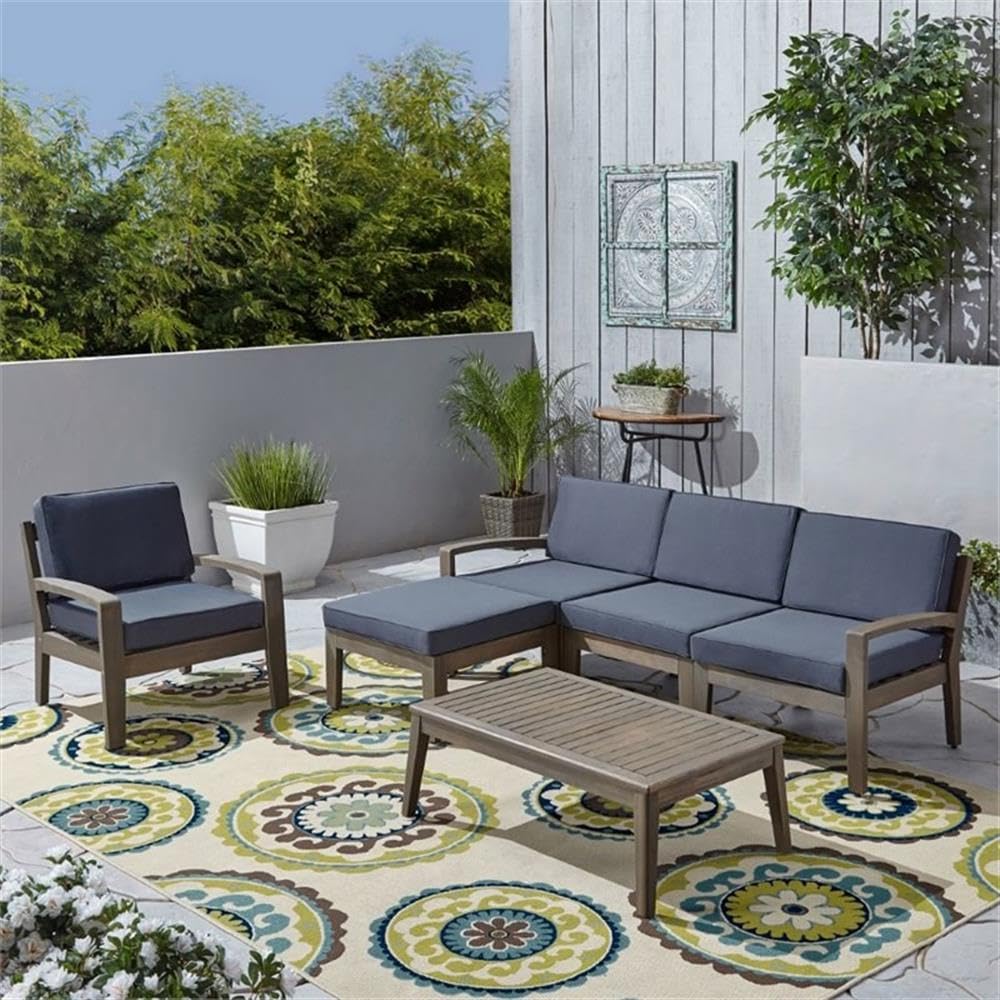 Noble House Grenada 6-Piece Outdoor Acacia Wood Sectional Sofa Set in Gray - Perfect for Patio, Garden, Poolside & Backyard Relaxation