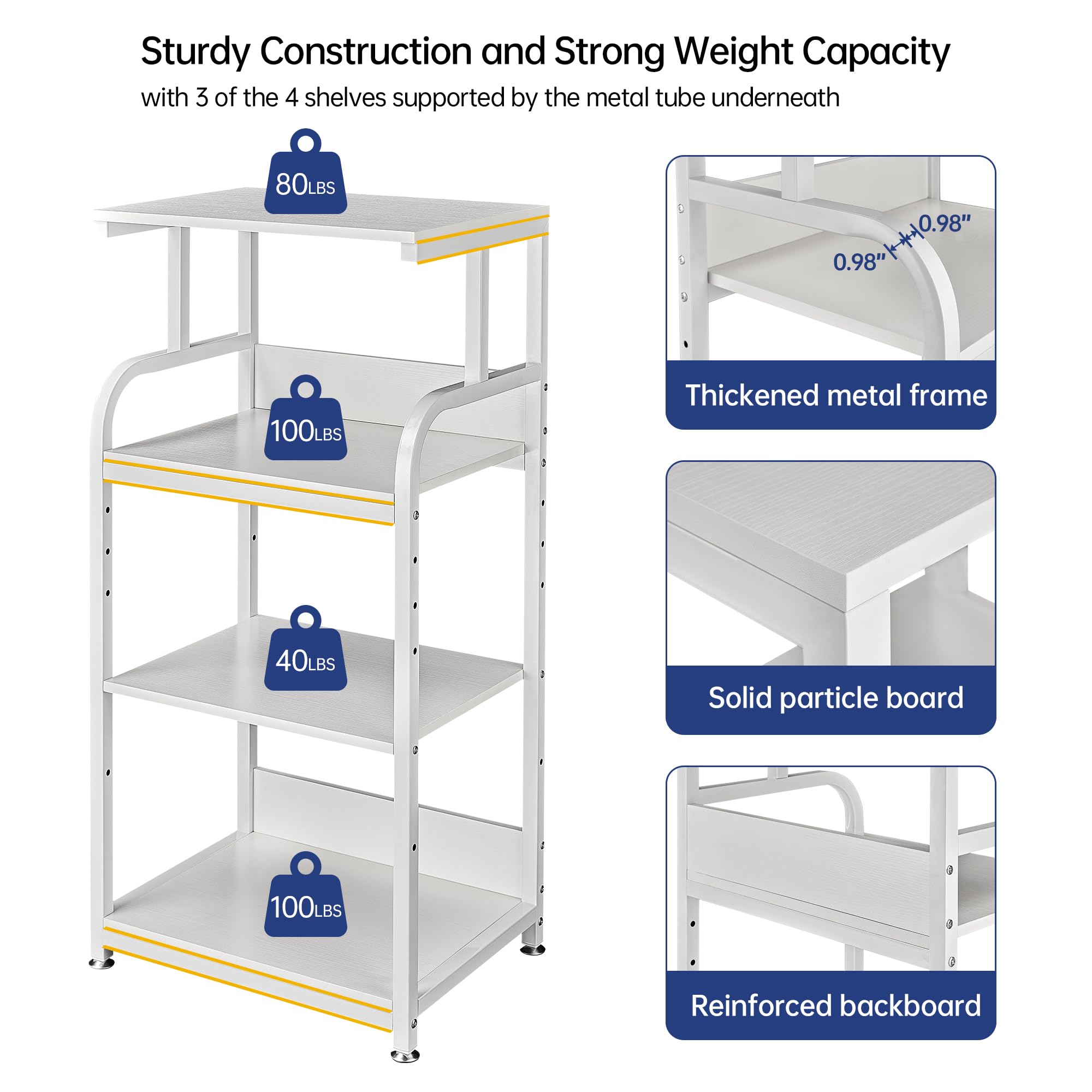 4-Tier Adjustable White Printer Stand with Wheels - Mobile Storage Cart for Printer, Shredder & CPU Tower - Perfect for Home Office Organization & Workspace Efficiency