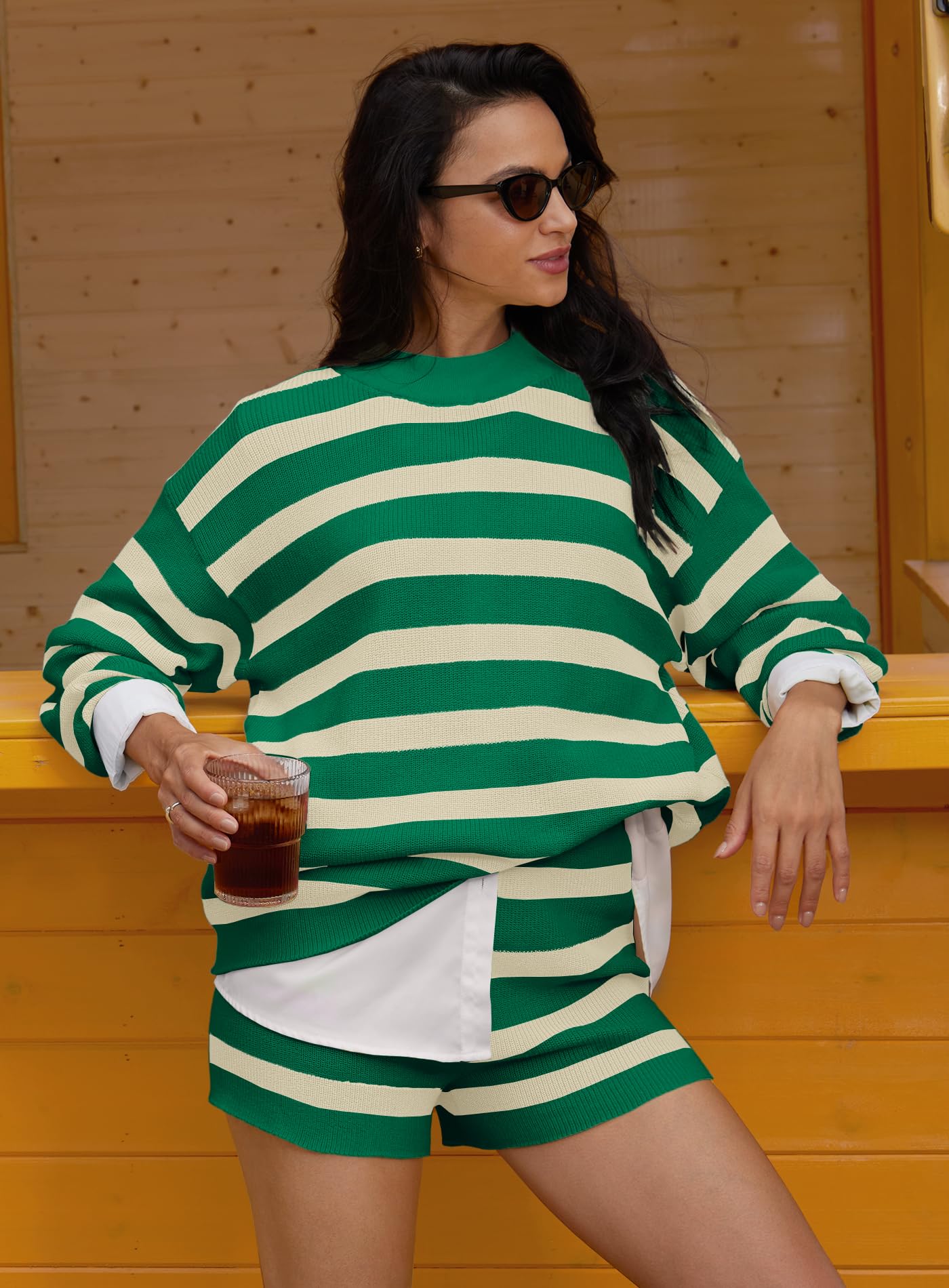 Yanekop Women's Striped Sweater Set - Oversized 2 Piece Lounge Outfit with Long Sleeve Tunic & Shorts | Cozy Pajama Set for Home, Sleepwear & Casual Wear