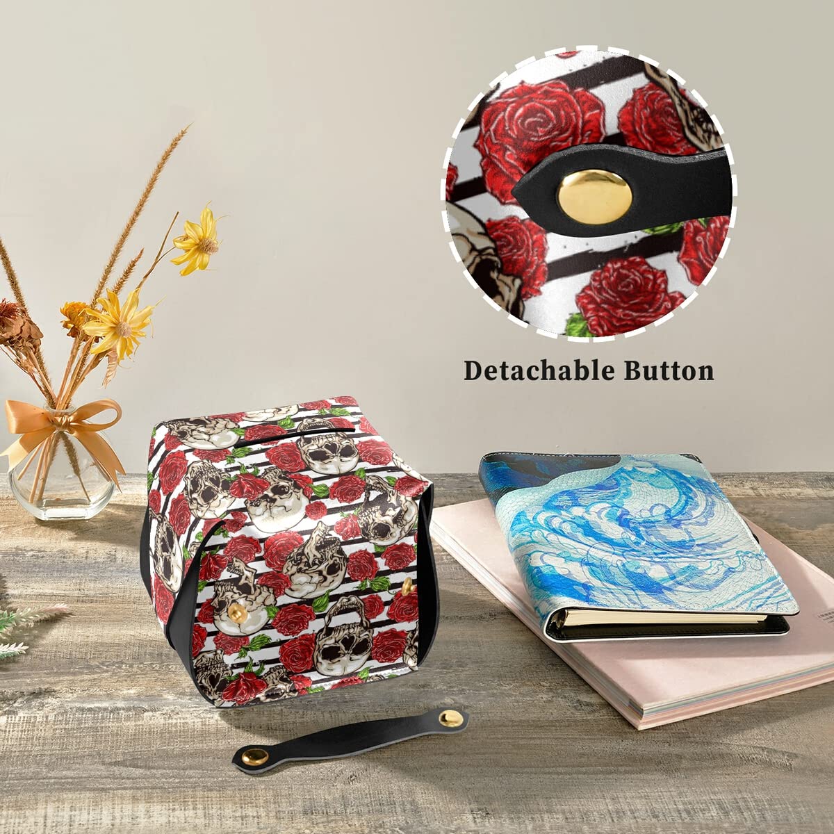 Skulls and Red Roses PU Leather Tissue Box Cover - Rectangle Facial Tissue Dispenser with Hanging Loop for Countertops, Nightstands | Gothic Home Decor for Living Room, Bedroom, Bathroom