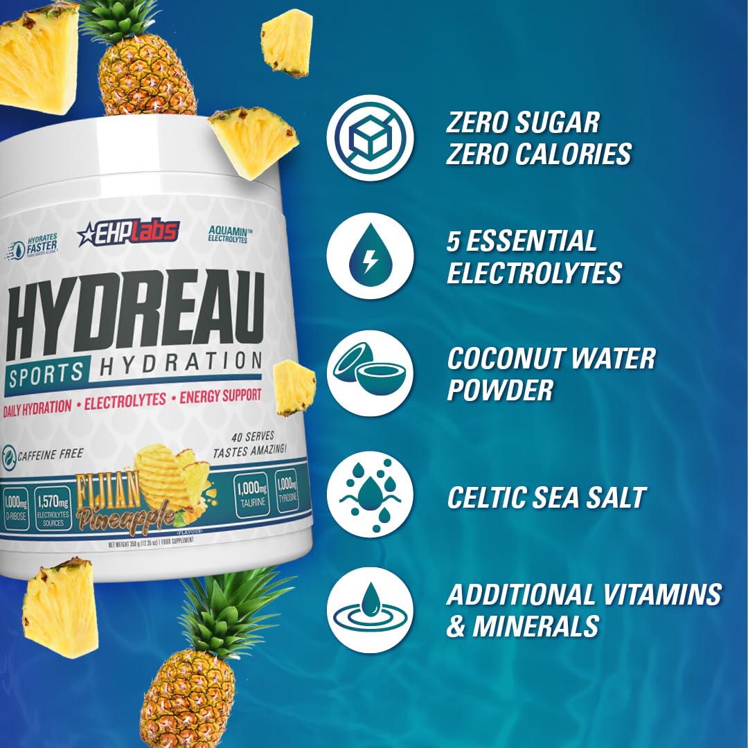 EHP Labs Hydreau Hydration Support Powder - 40 Servings | Electrolyte & Vitamin Supplement for Hydration & Recovery | Perfect for Workouts, Travel & Daily Hydration Needs