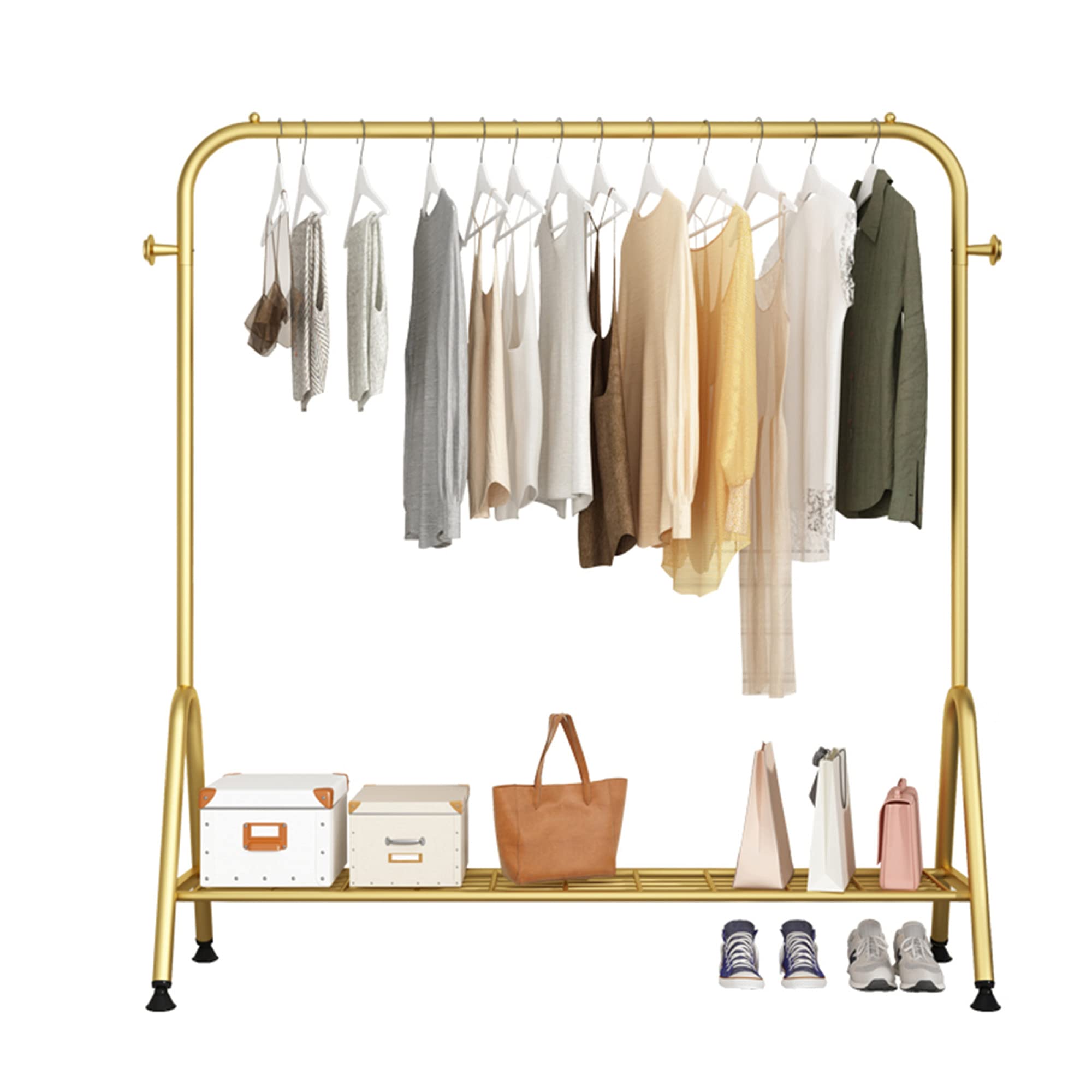 Heavy-Duty Gold Clothing Display Stand with 2 Hooks & Bottom Rack - 60cm Multi-Functional Garment Rack for Retail Stores, Boutiques & Home Closet Organization
