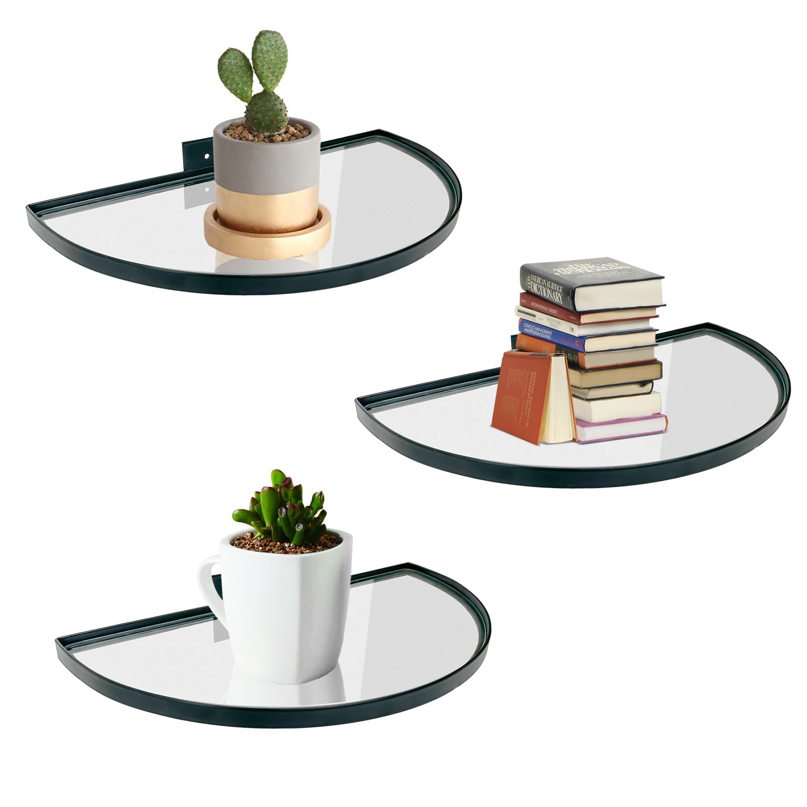 Cityelf Floating Shelves Set of 3 - Modern Wall Mounted Shelves with Iron Frame & Tempered Glass for Home Decor - Perfect for Living Room, Bedroom & Office Display (Black)