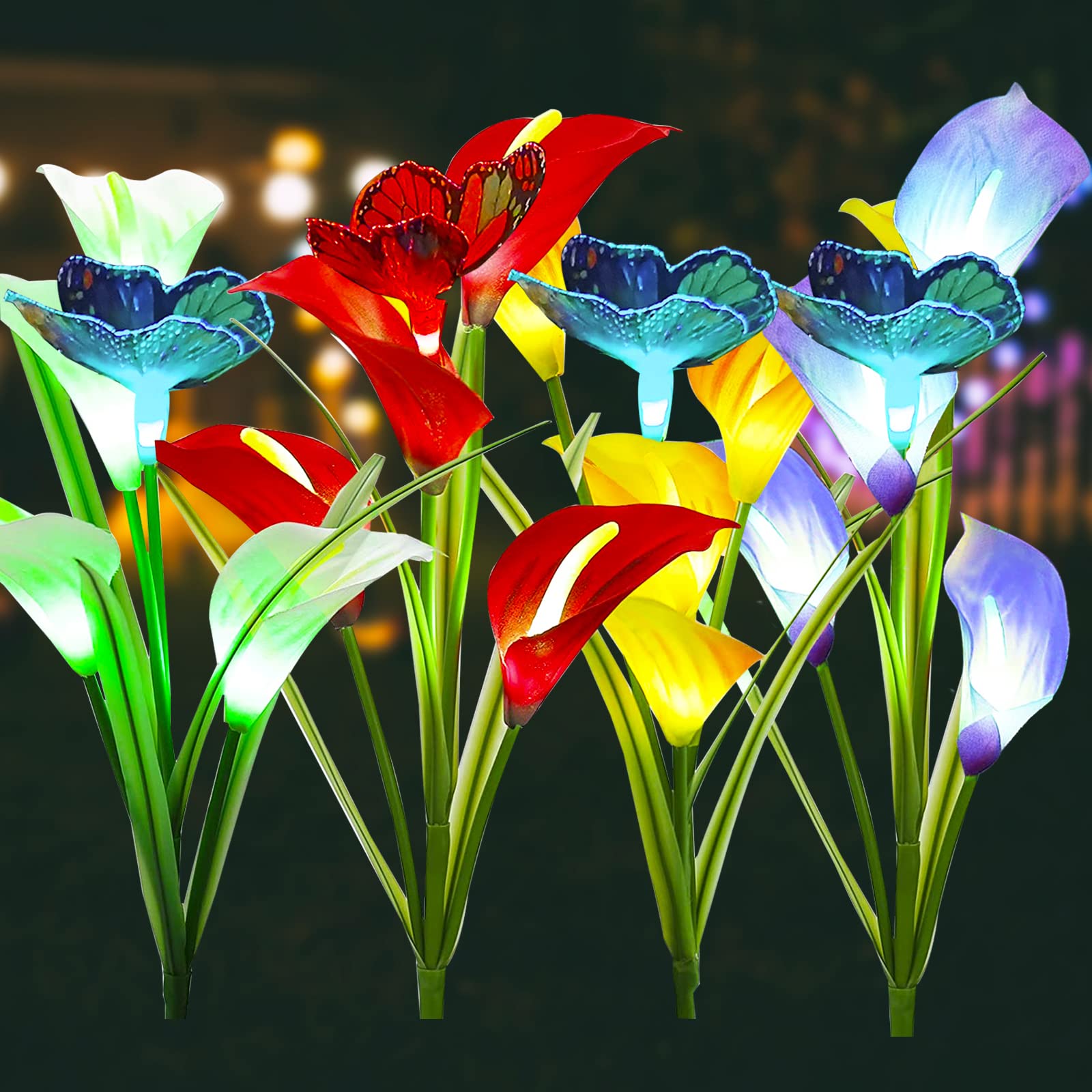 Solar Powered LED Flower Lights Outdoor - 4 Pack Color Changing Solar Calla Lily with Butterfly Decor, 16 LED Waterproof Garden Stake Lights for Yard, Patio, Lawn - Perfect for Garden, Pathway & Landscape Lighting