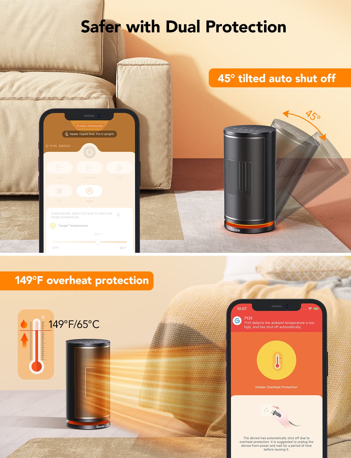 Govee Smart Space Heater for Indoor Use - 1500W Portable Ceramic Heater with 75° Oscillation, WiFi App & Voice Control, Auto Thermostat, 24H Timer, Overheat & Tip-Over Protection - Perfect for Office, Bedroom & Home Use