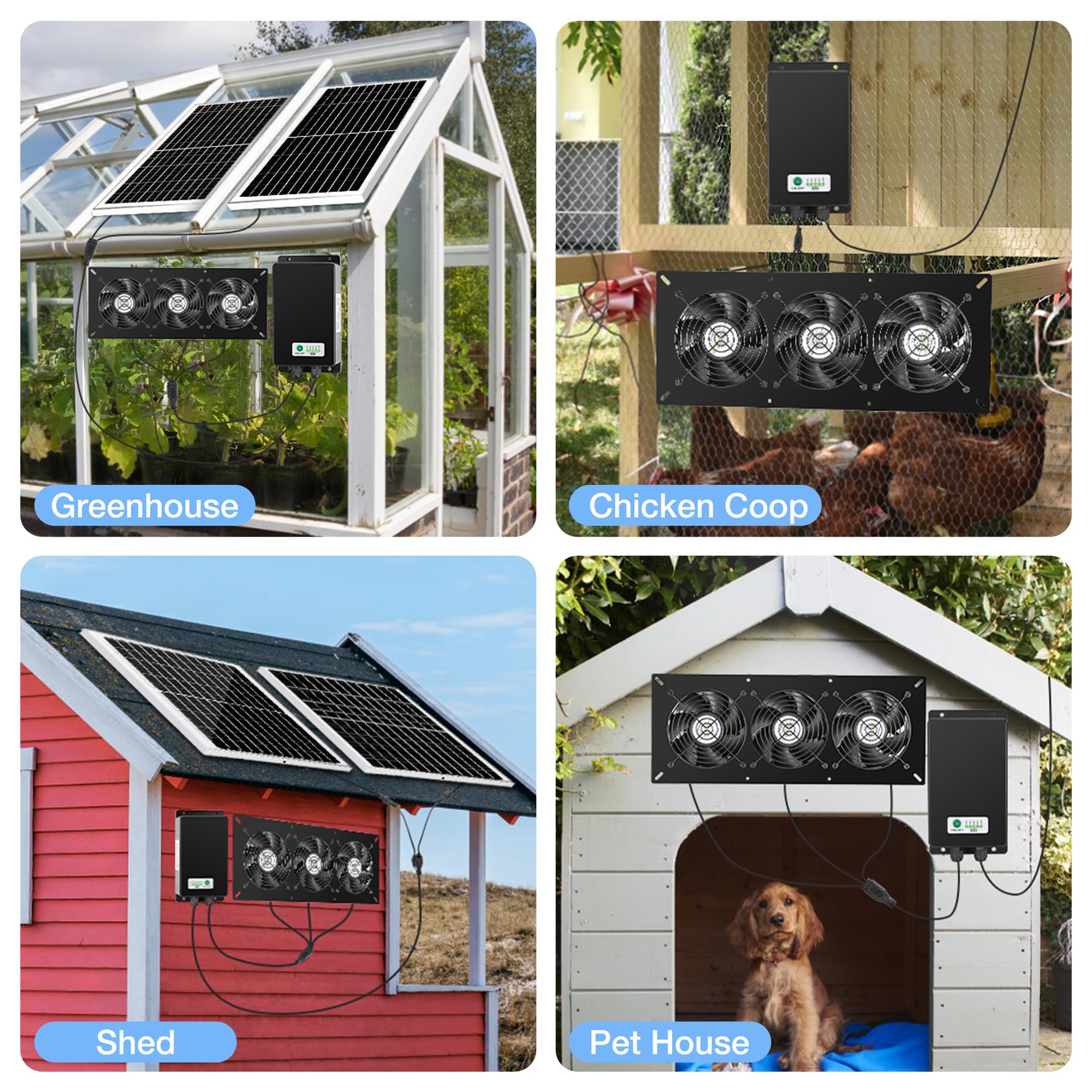 Solar Powered 3 Fan Kit with 66.6Wh Battery Backup - 50W Weatherproof Rechargeable Fans for Chicken Coops, Greenhouses & Sheds - Perfect for Ventilation & Cooling in Outdoor Structures