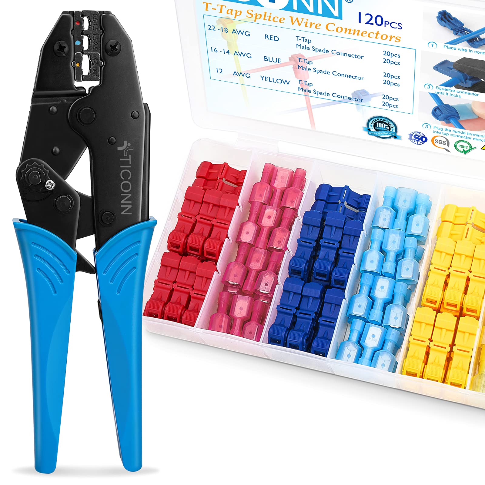 TICONN 120pcs T-Tap Wire Connectors Kit with Crimping Tool - Quick Splice Electrical Connectors for Automotive, Marine & DIY Wiring Projects (Heat Shrink, Waterproof)