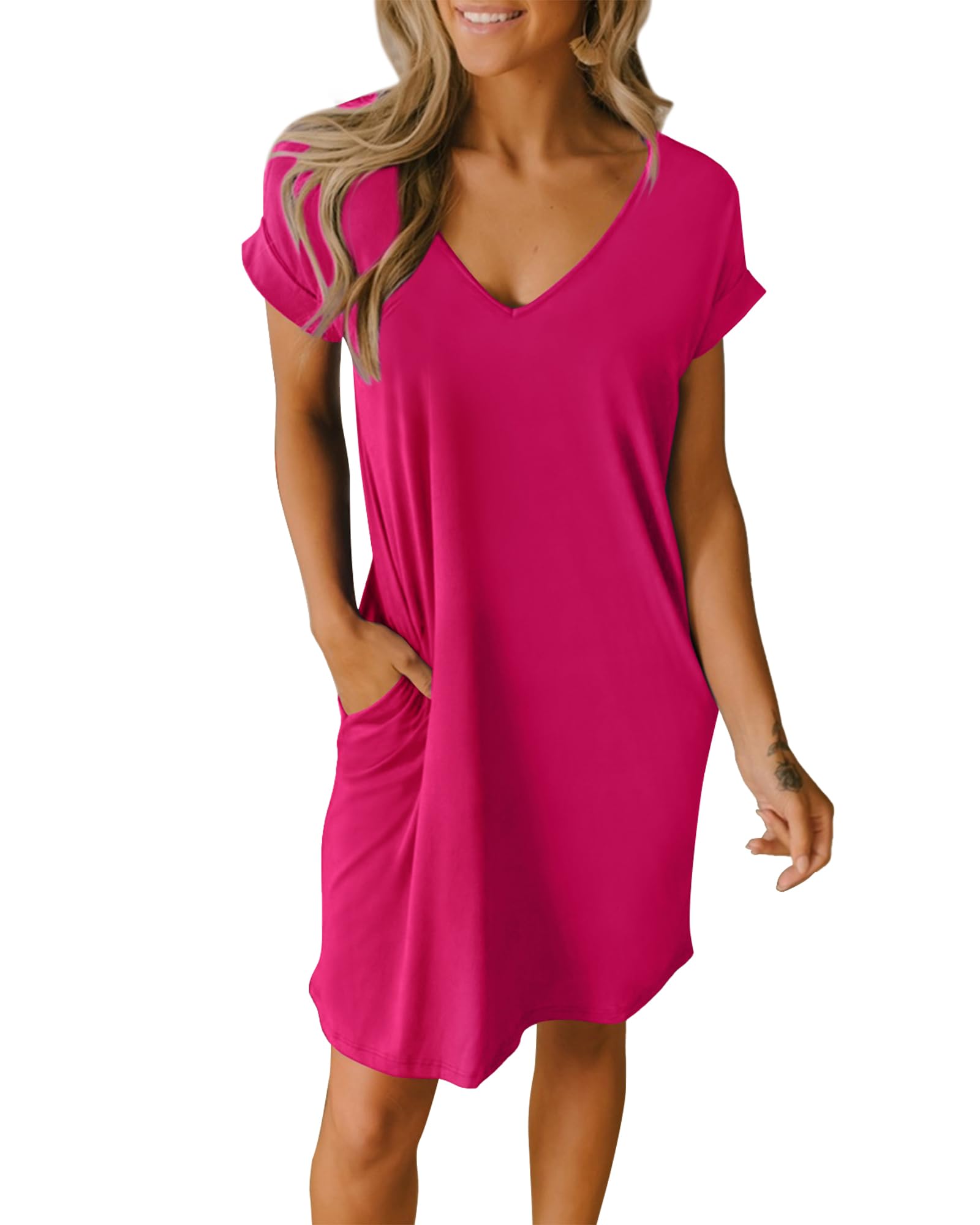 BTFBM Women's V-Neck Short Sleeve Summer Dress 2025 - Spring Casual Loose Tunic T-Shirt Dress with Pockets | Perfect for Beach, Vacation, and Lounge Wear