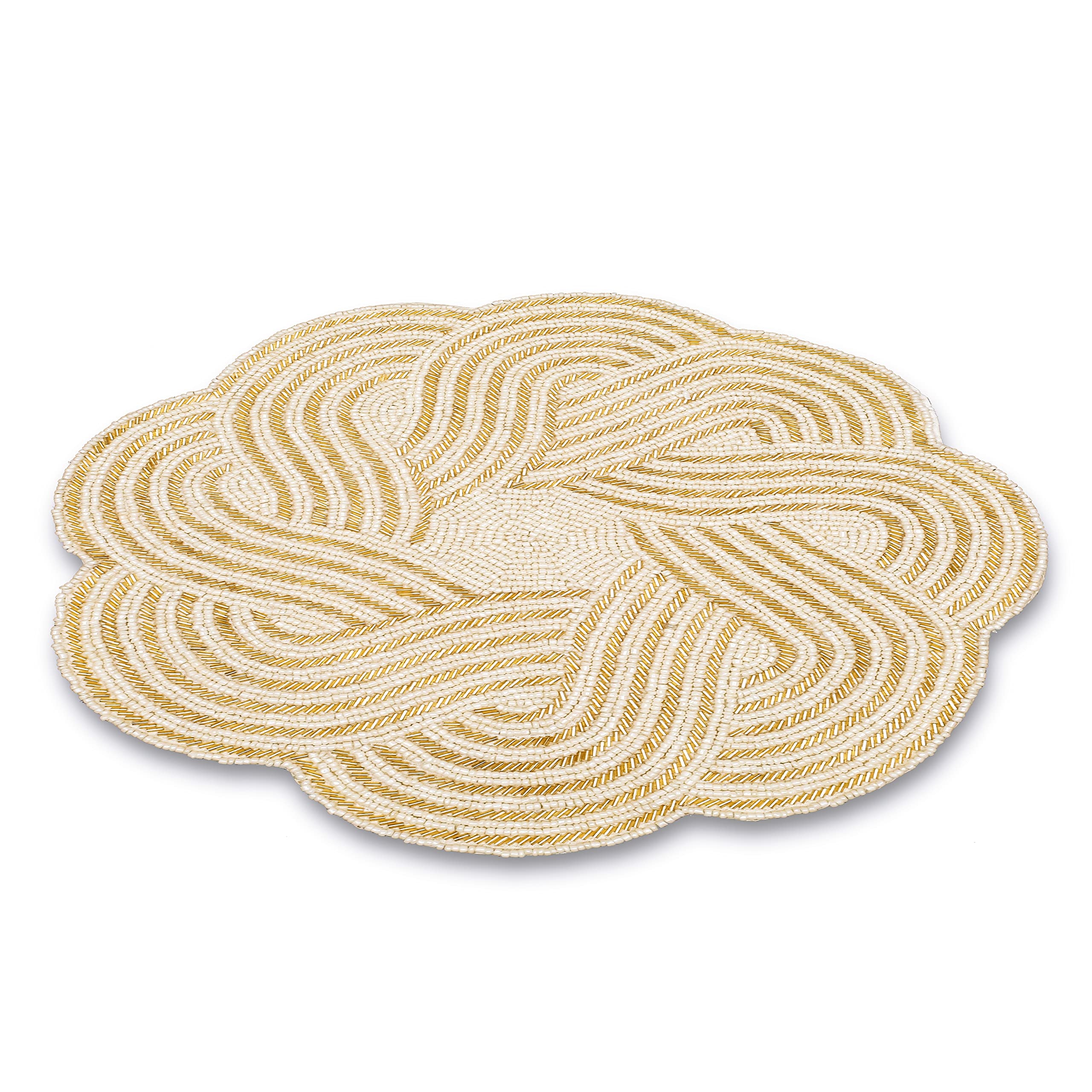 ALPHA Living HOME Handmade Round Beaded Placemats - 13 Inch Elegant Table Mats for Dining, Coffee Table, Wedding & Holiday Decor - Ivory - Perfect for Thanksgiving, Christmas Parties & Home Décor