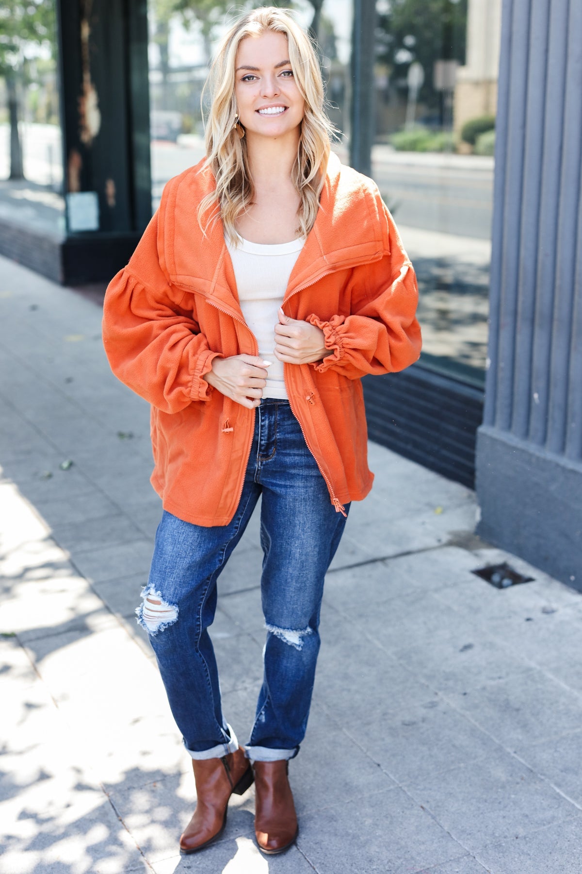 Stylish Rust Cinched Waist Zip-Up Fleece Jacket for Women | Cozy Winter Outerwear | Perfect for Hiking, Camping & Casual Outfits