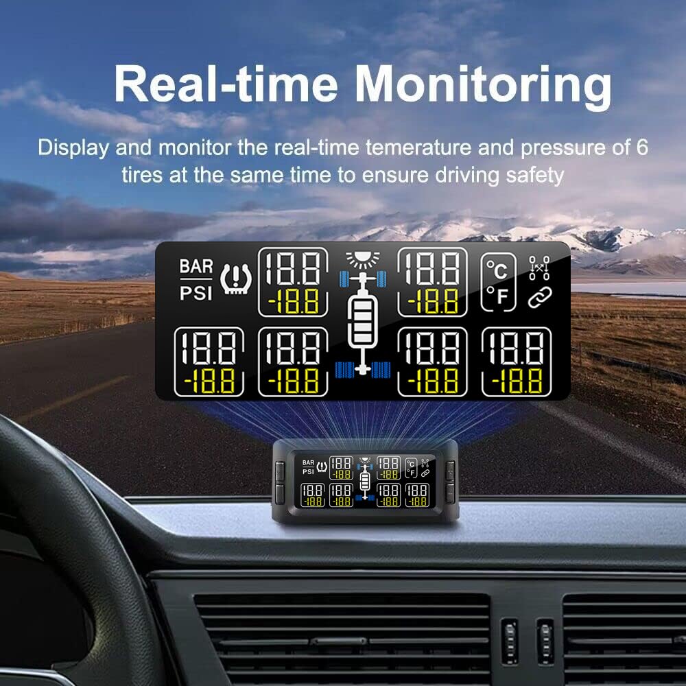 B-Qtech RV TPMS Solar Tire Pressure Monitoring System with 6 Flow Thru Sensors & Signal Repeater - Real-Time Pressure/Temperature Display, 7 Alarm Modes for RVs, Trailers, Buses, Motorhomes & Trucks - Perfect for Long-Distance Travel & Fleet Safety Monitoring