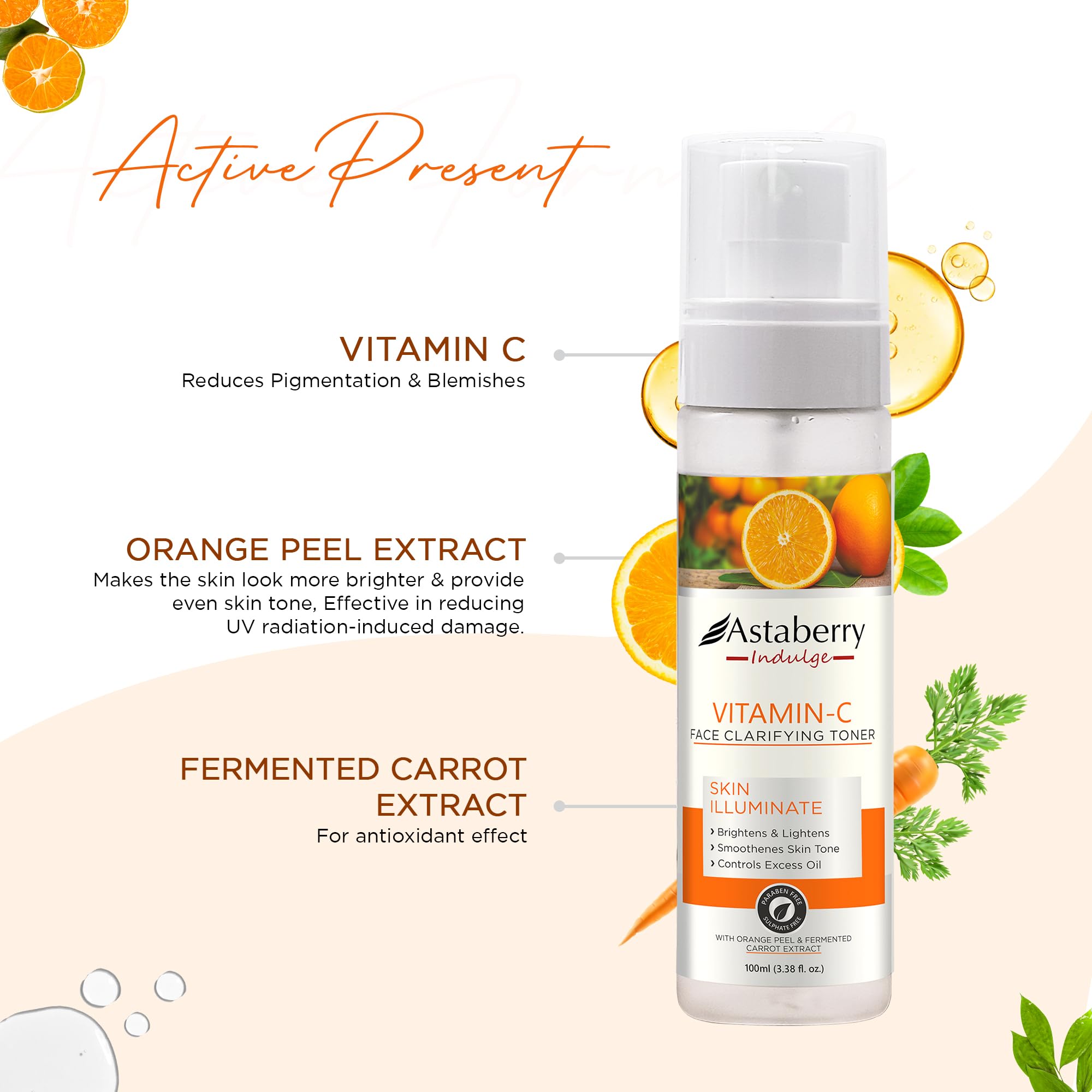 Astaberry Vitamin C Face Toner for Glowing Skin | Hydrating Toner for Oily & Dry Skin | With Orange Peel & Fermented Carrot Extract | 100ml | Perfect for Daily Skincare Routine & Post-Cleansing Refreshment