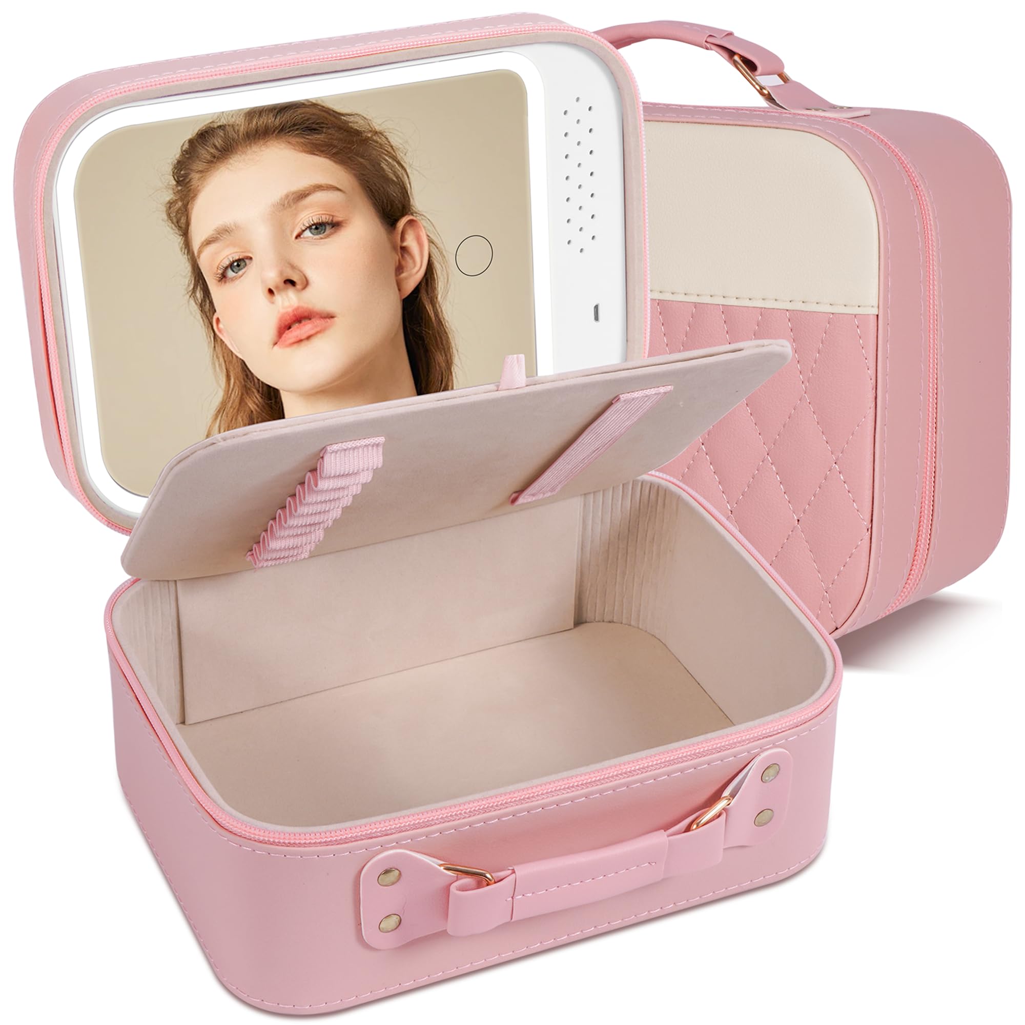LED Travel Makeup Bag with Rechargeable Mirror - Portable Cosmetic Organizer for Brushes & Makeup, Pink Vanity Case for Women | Perfect for Travel, Gym, and On-the-Go Touchups