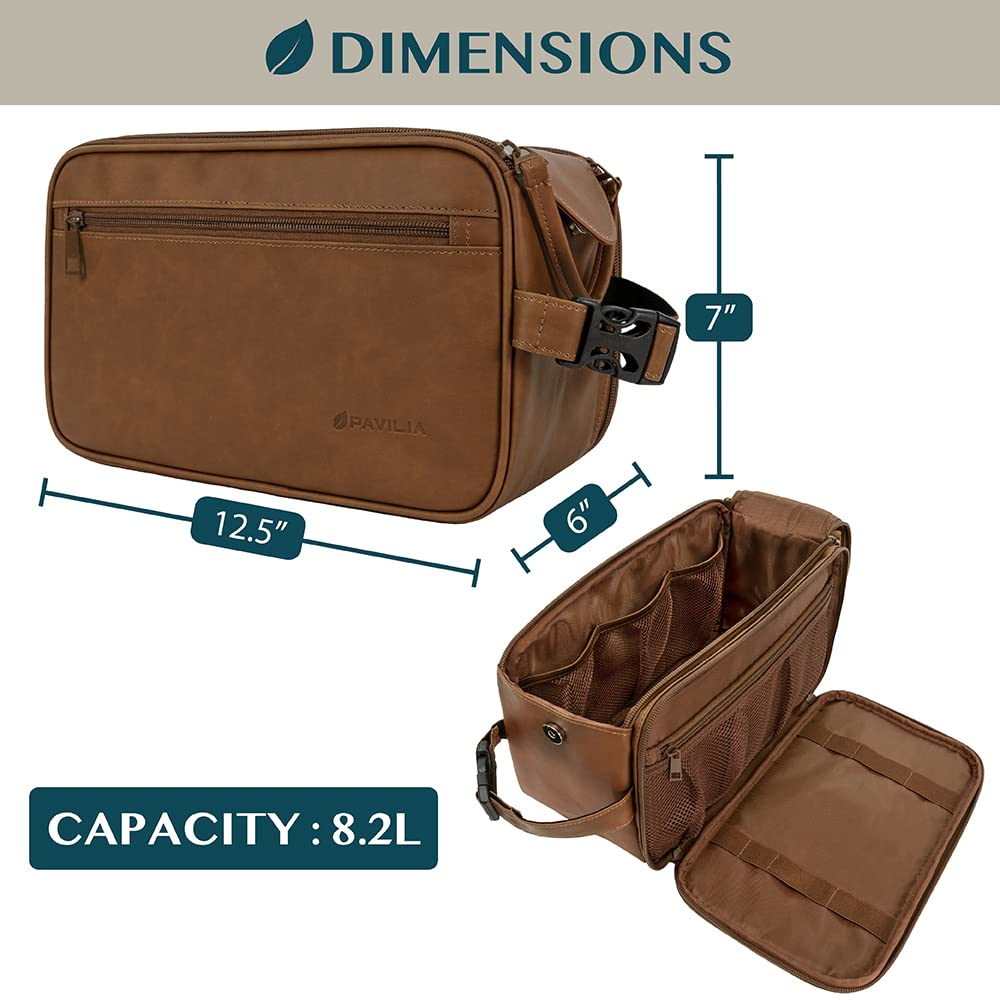 PAVILIA Men's Travel Toiletry Bag - XL PU Leather Water-Resistant Dopp Kit for Shaving & Grooming Essentials | Perfect for Business Trips, Camping & Gym (Brown)