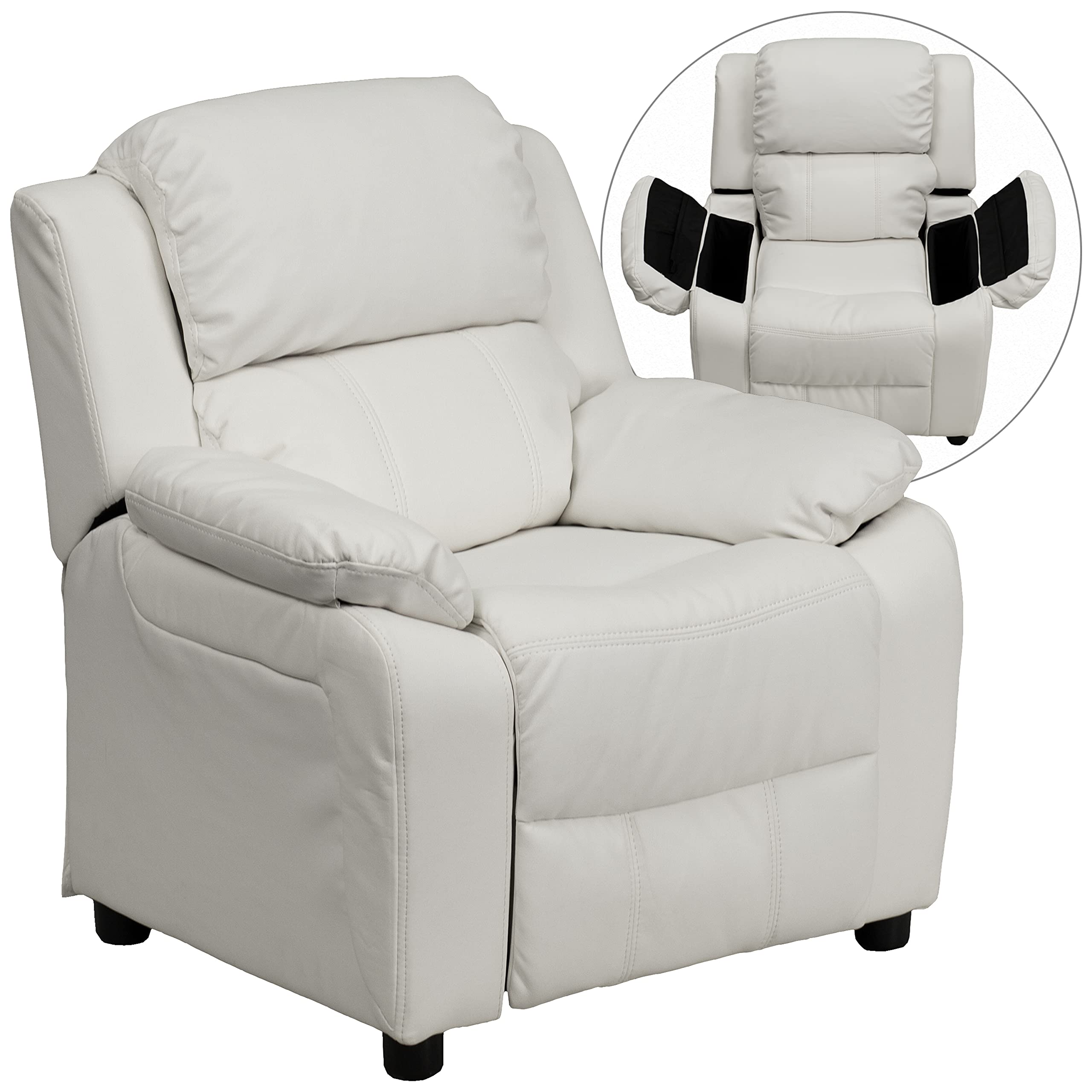 Flash Furniture Deluxe Padded Contemporary White Vinyl Kids Recliner with Storage Arms - Comfortable Children's Chair for Reading, Gaming & Relaxing in Bedroom or Playroom
