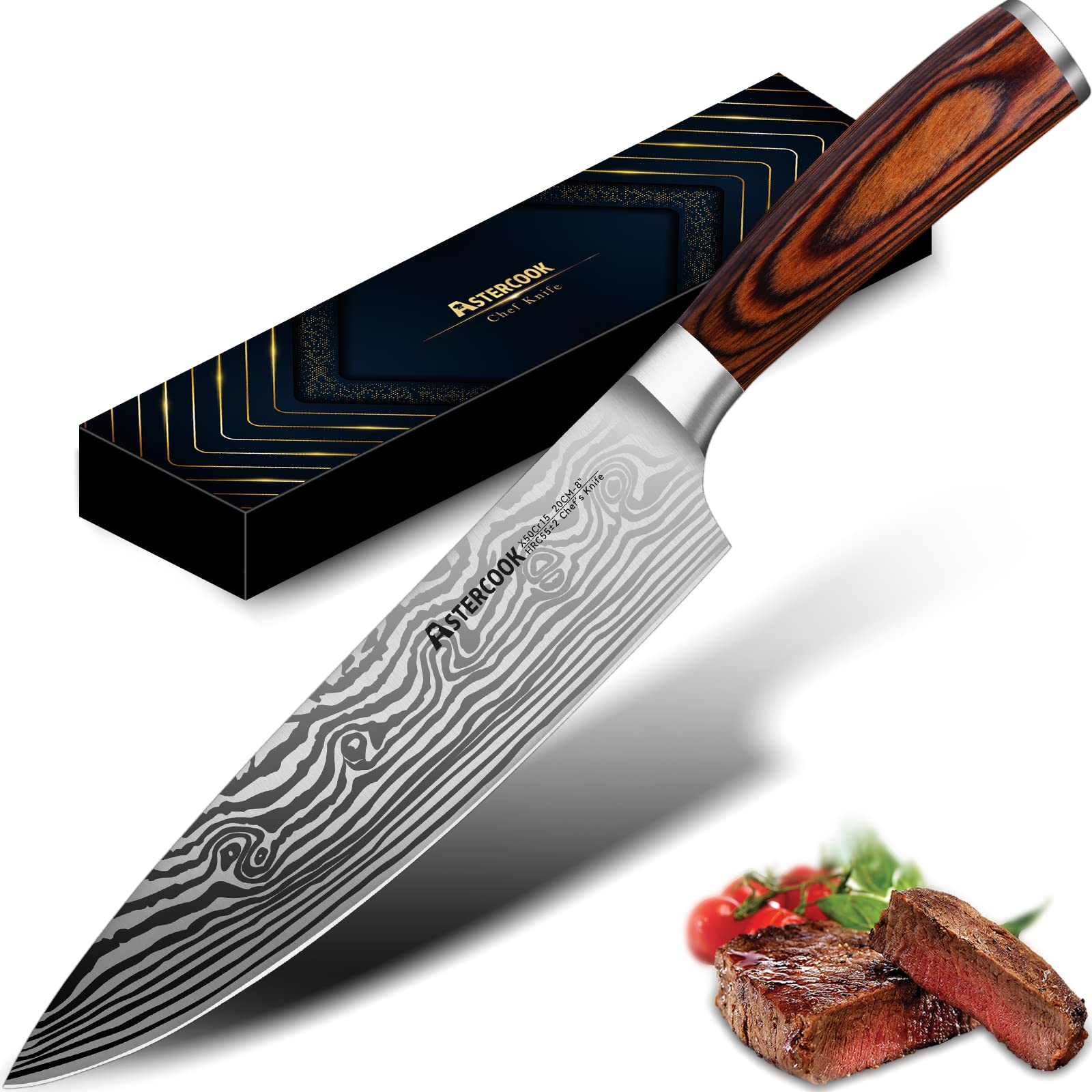 Astercook 8 Inch Professional Chef Knife - German High Carbon Stainless Steel Ultra Sharp Kitchen Knife with Ergonomic Handle & Gift Box - Perfect for Slicing, Dicing, and Food Prep in Home & Professional Kitchens