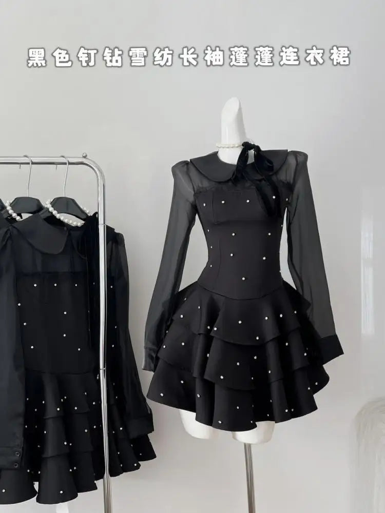 Vintage Black Polka Dot Elegant Long Sleeve Mini Dress for Women - French Inspired Pleated Party Dress for Evening Events, Date Nights & Fall Festivals