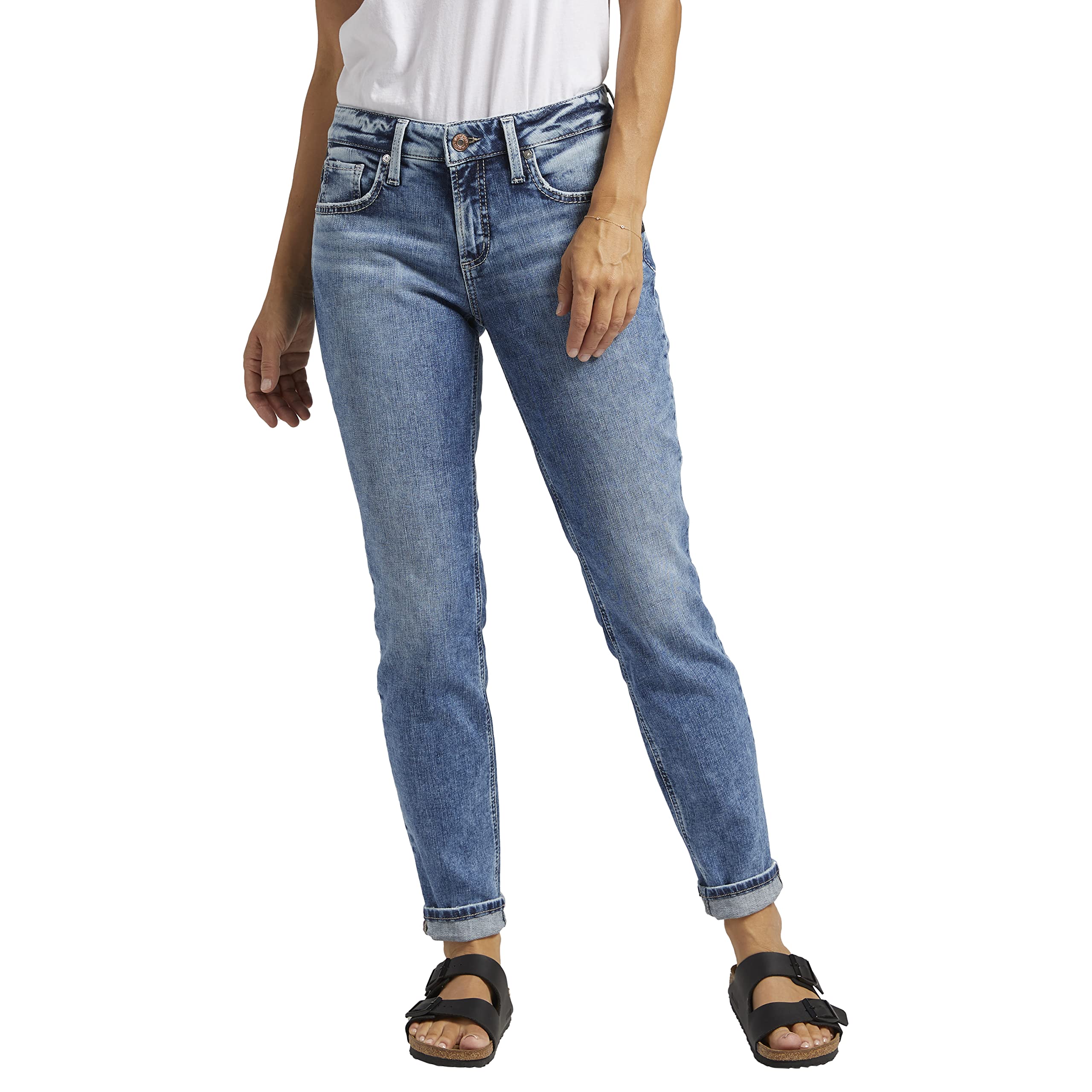 Silver Jeans Co. Women's Boyfriend Mid Rise Slim Leg Jeans - Comfortable Stretch Denim Pants for Casual Wear & Everyday Outfits