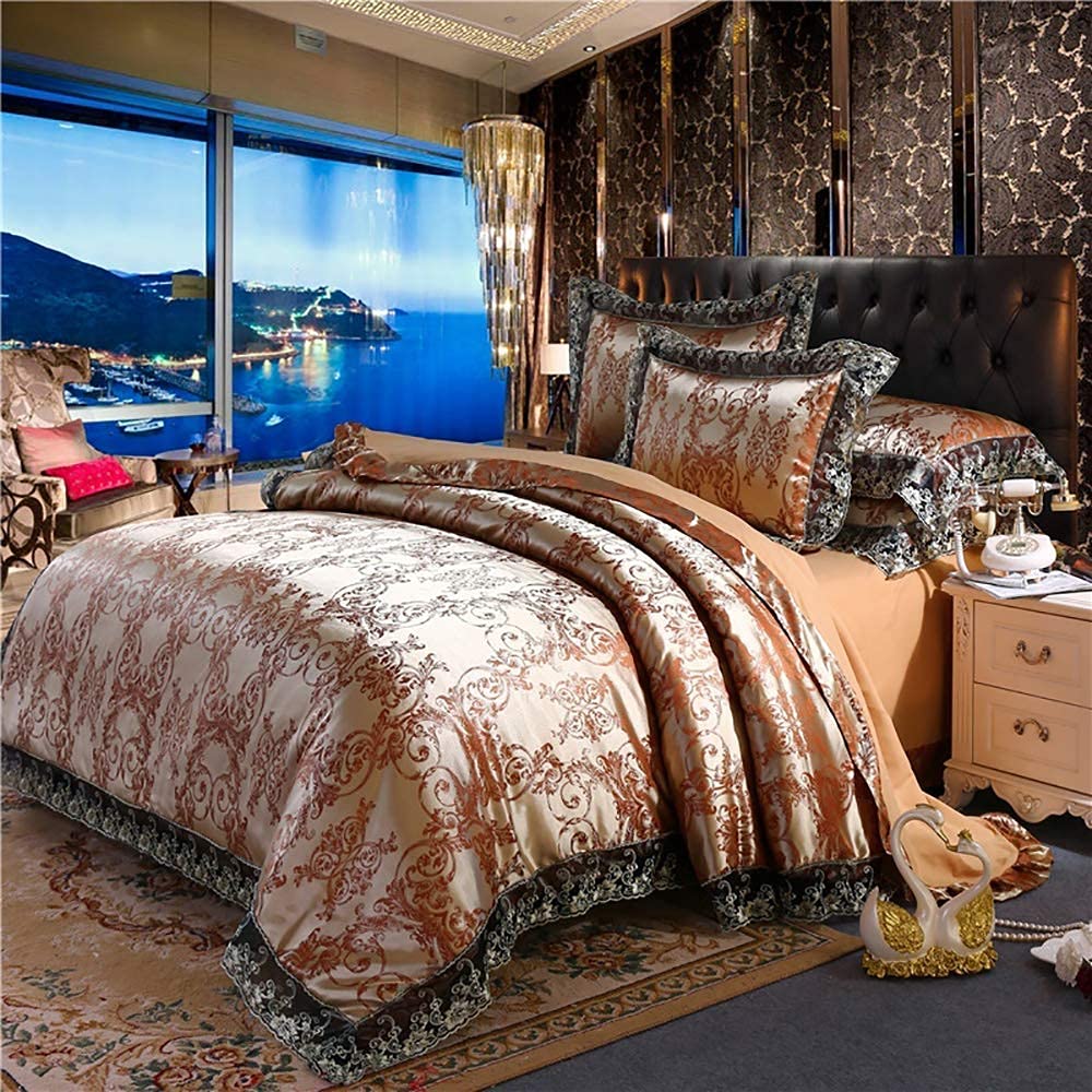 King Size Silk Bedding Set - Blue Satin Jacquard Duvet Cover for Luxury Bedroom