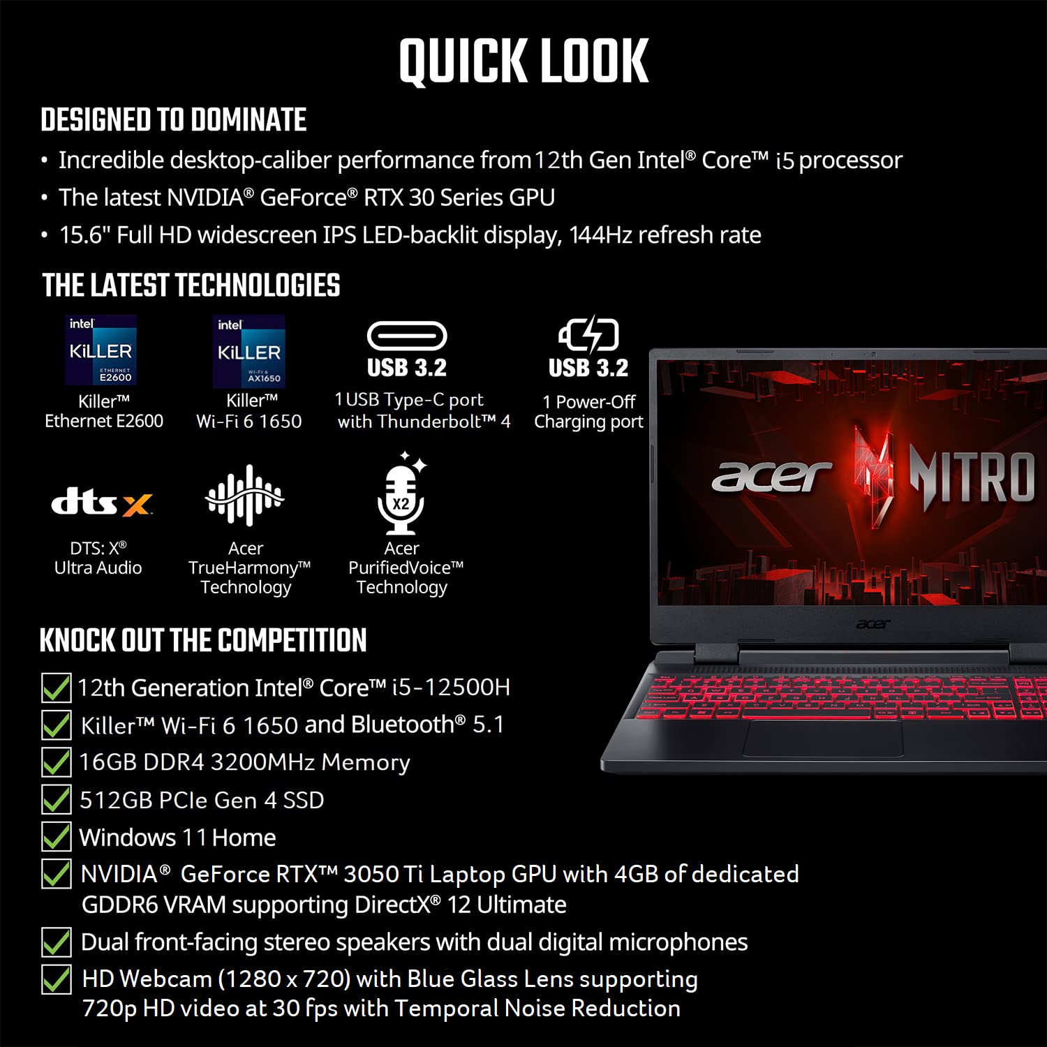 Acer Nitro 5 AN515-58-57Y8 Gaming Laptop - Intel Core i5-12500H, NVIDIA RTX 3050 Ti, 15.6