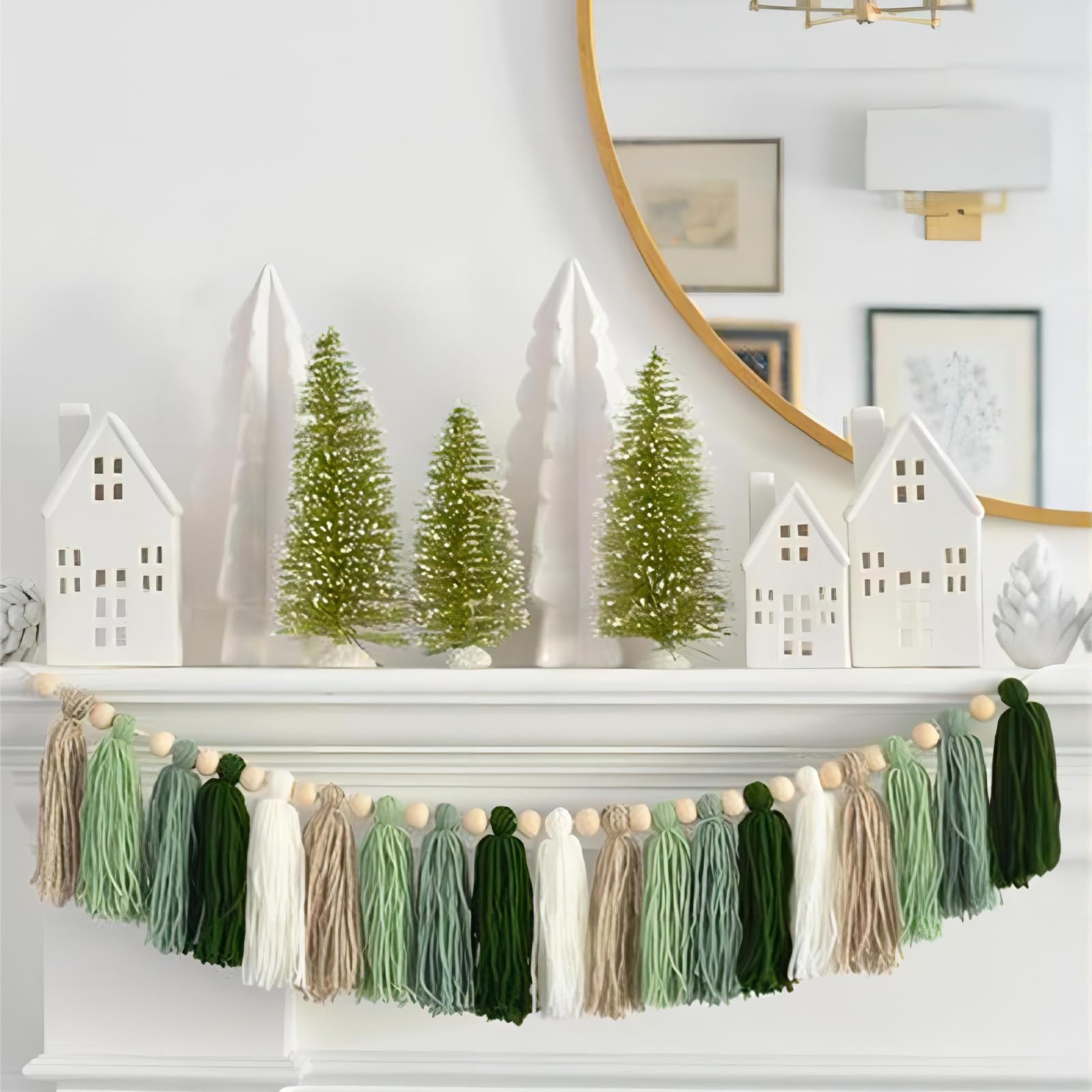 Natural Wood Bead Garland with Green Tassels - Boho Wall Hanging Decor for Nursery, Kids Bedroom, Baby Shower & Birthday Party | Perfect for Bohemian Home Decor and Photo Backdrops