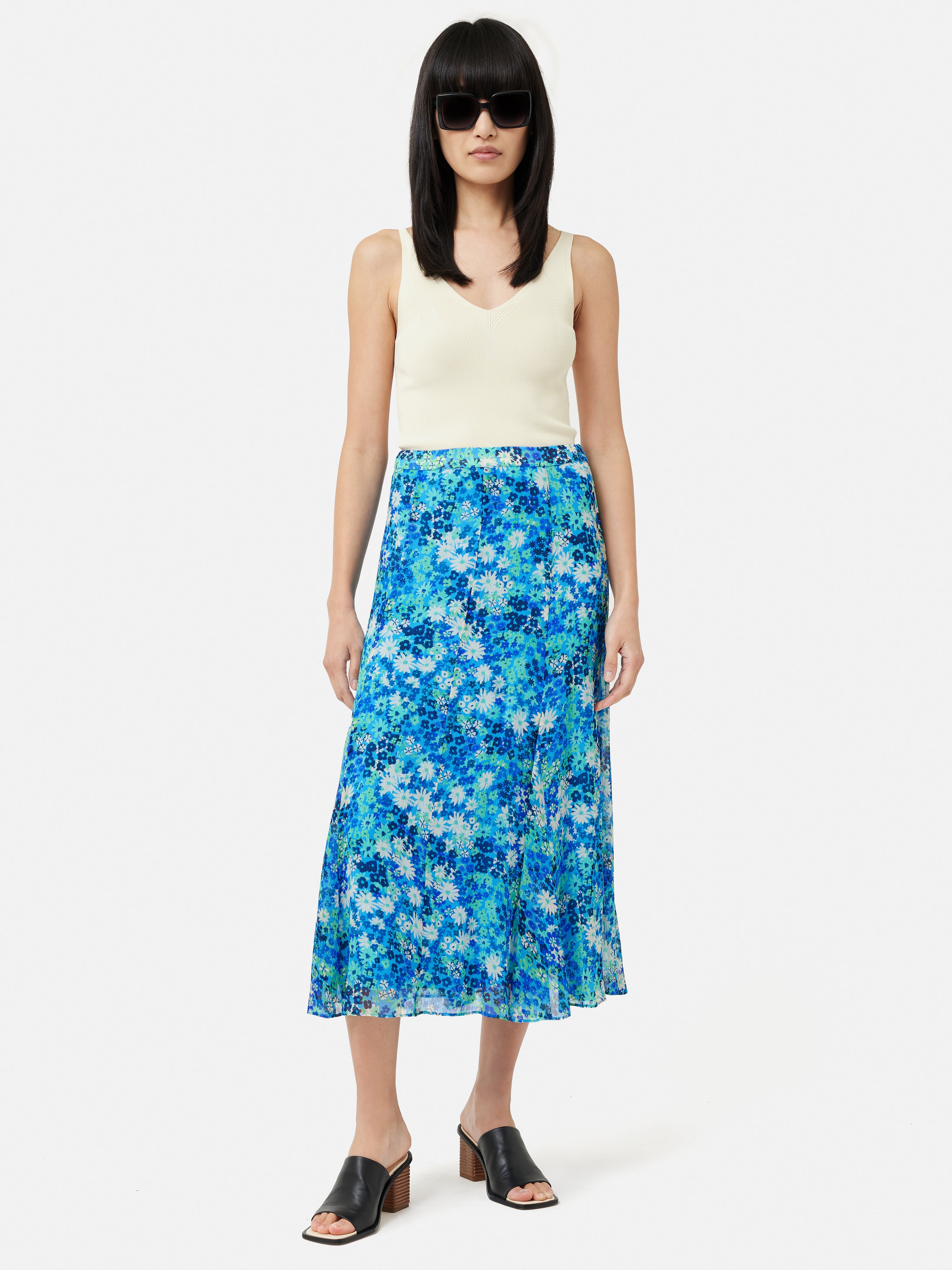 Blue Rave Floral Crinkle Skirt - Women's Party Skirt for Music Festivals, Concerts, and Dance Events