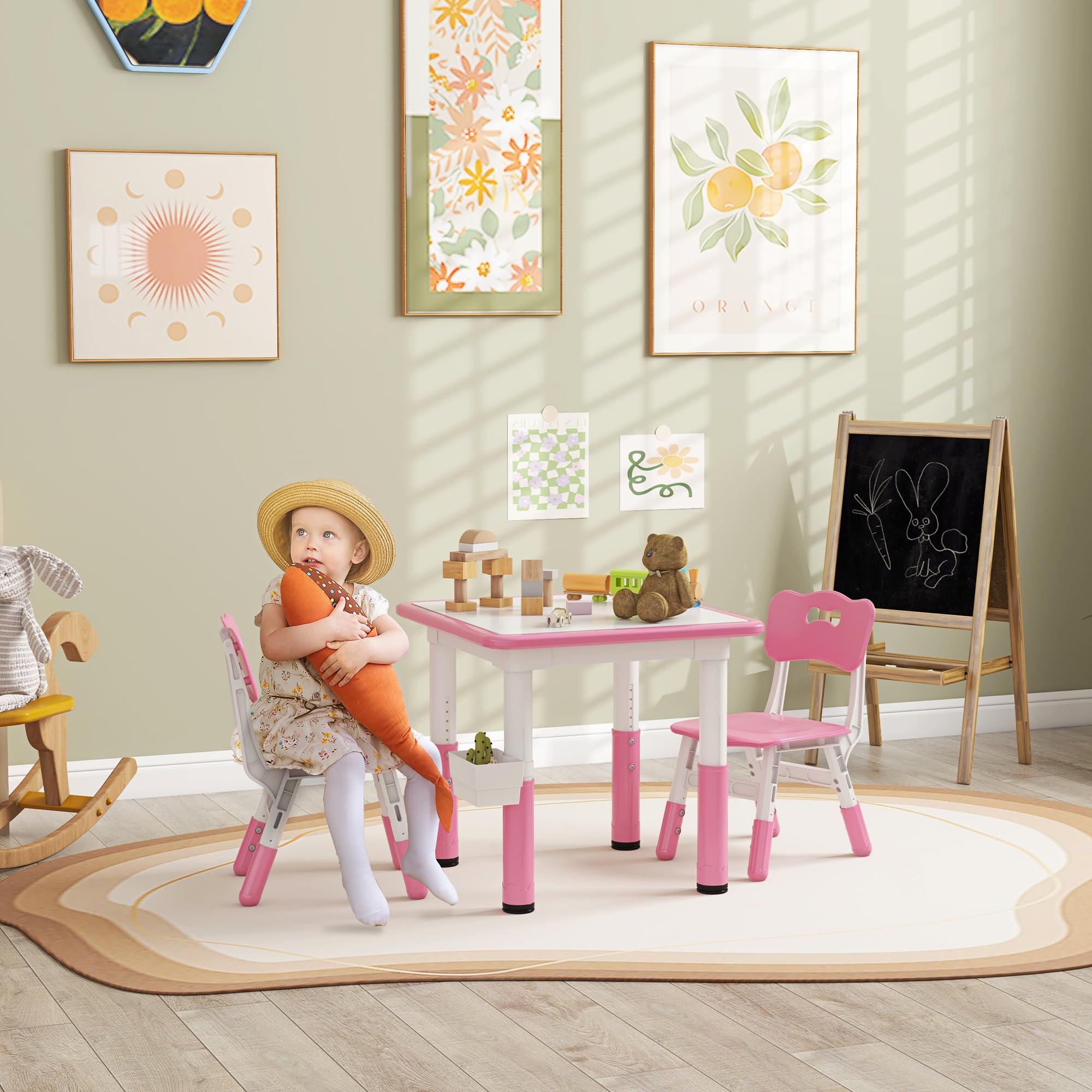 Qaba 3-Piece Kids Table and Chair Set - Adjustable Height Toddler Activity Table with Storage - Perfect for Playroom, Nursery, Classroom (Pink) | Ideal for Arts & Crafts, Snack Time, and Learning Activities