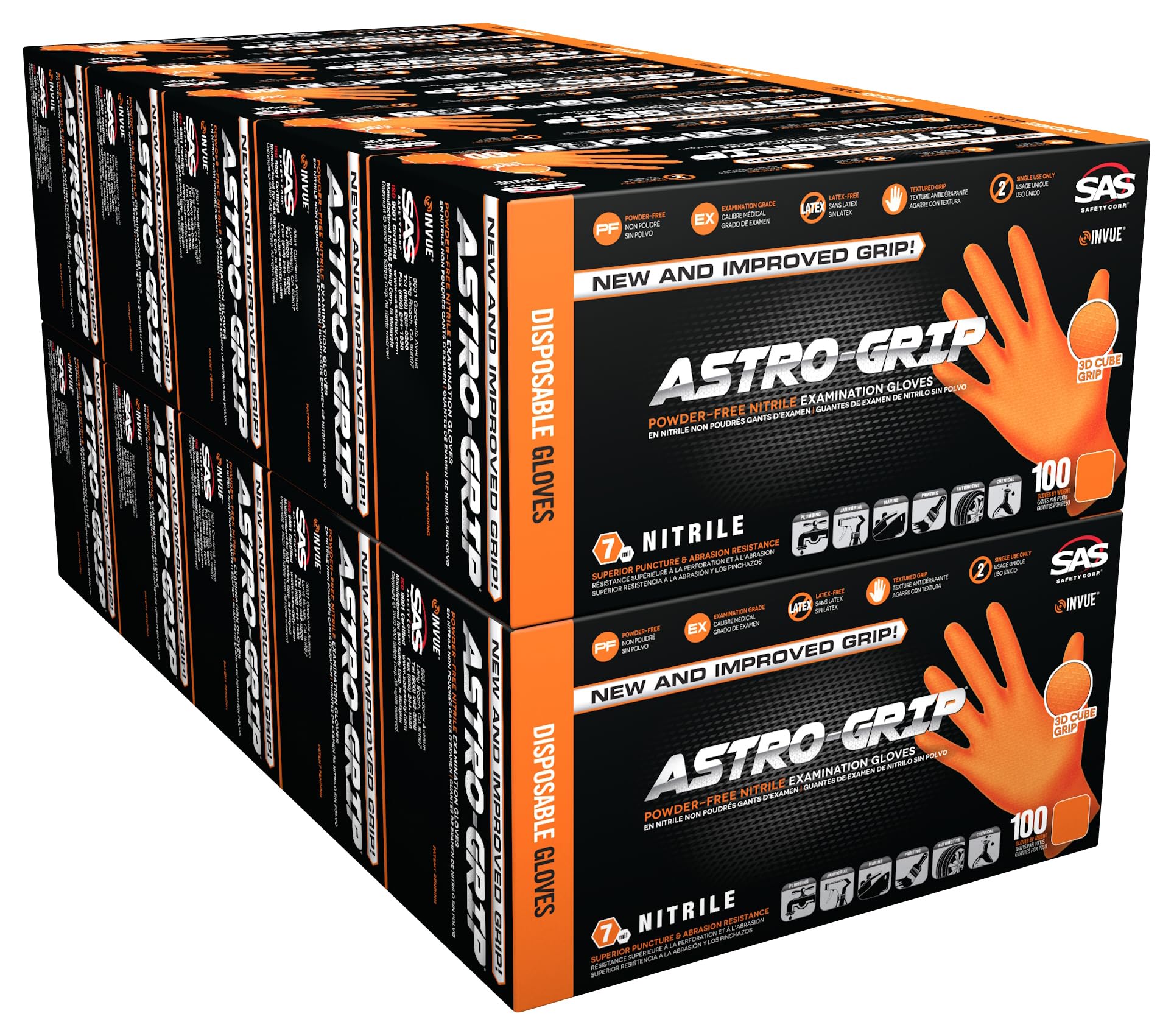 SAS Astro-Grip Powder-Free Exam Grade Nitrile Disposable Gloves - 10 Boxes (100 Gloves Each), Orange, 7 Mil - Ideal for Medical, Dental, Laboratory & Food Handling Safety