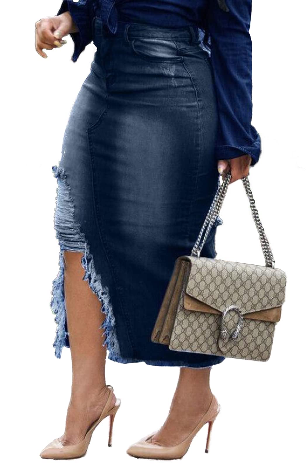 Women's High Waist Stretch Denim Midi Skirt with Side Slit & Pockets - Frayed Hem Casual Jean Skirt in Blue | Perfect for Everyday Wear, Date Nights & Summer Outfits