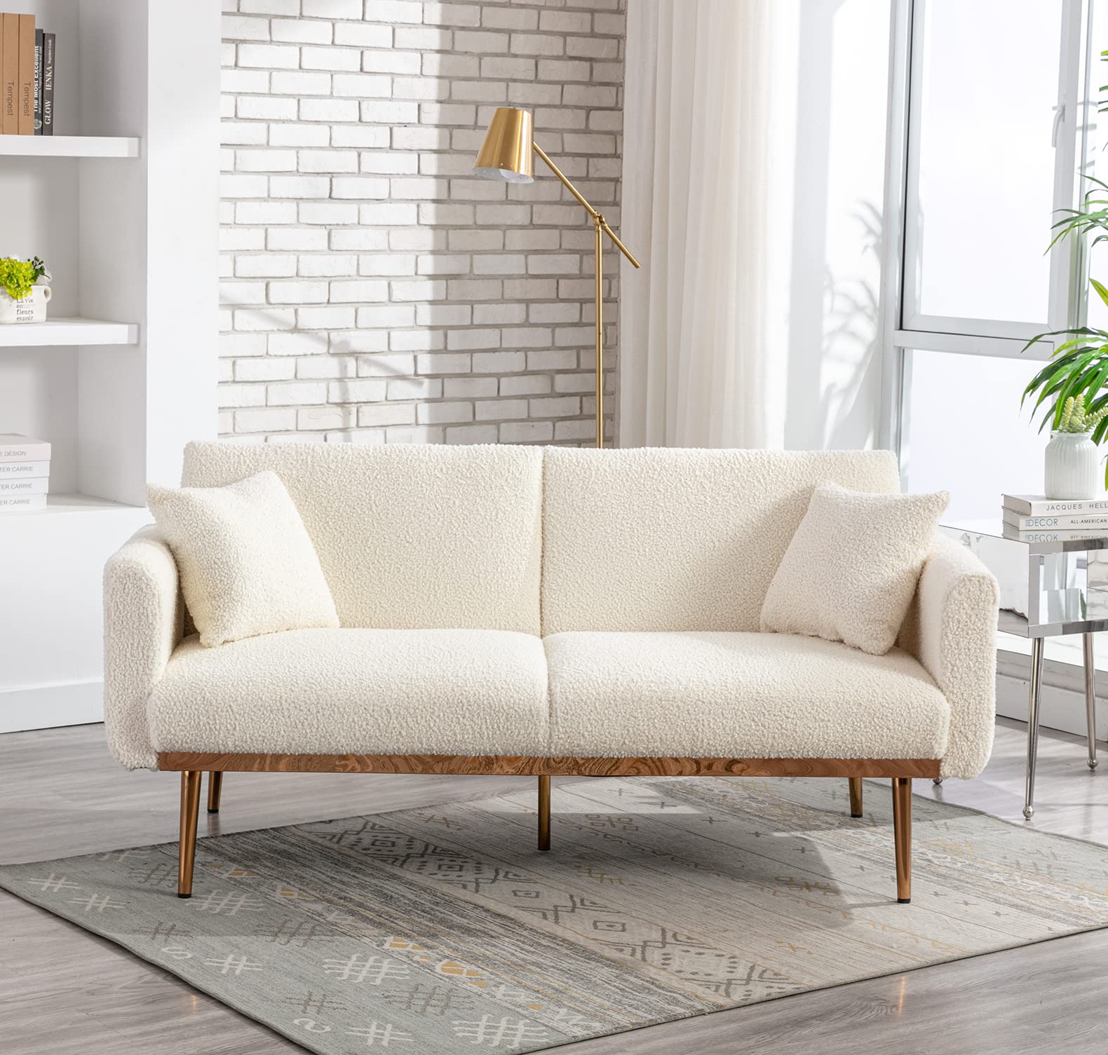 Antetek 3-Position Adjustable Futon Sofa Bed - Modern Upholstered Convertible Loveseat with 5 Metal Tapered Legs & 2 Decorative Pillows, Ivory Teddy Fabric - Perfect for Small Spaces, Guest Rooms & Studio Apartments