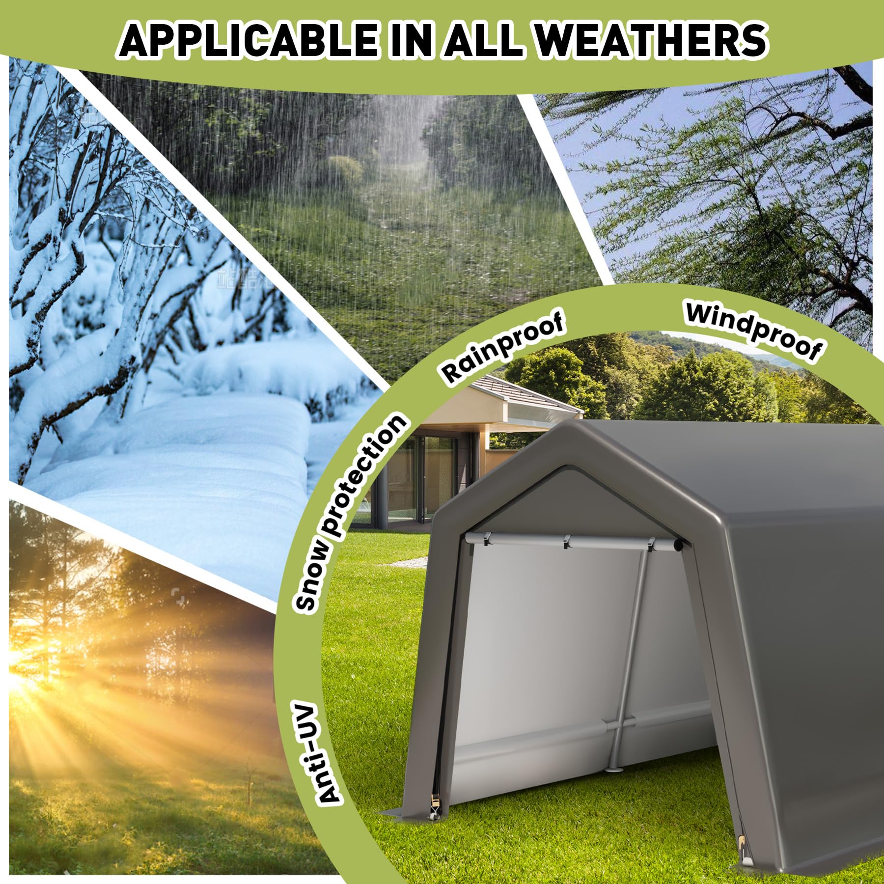 8x12FT Waterproof Outdoor Storage Shed - UV Resistant Portable Garage with Roll-up Zipper Doors for Motorcycle, Bike & Garden Tools - Perfect for Backyard, Patio & RV Storage (Grey)