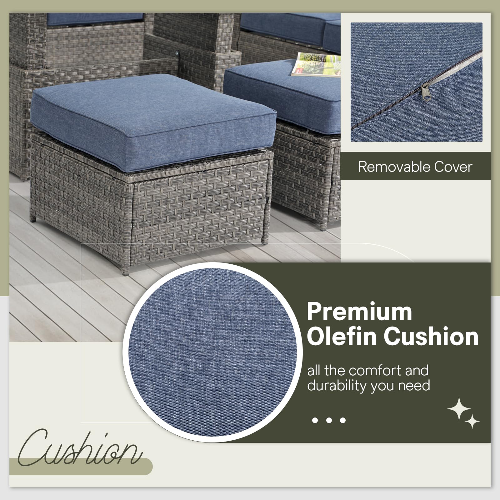 Outdoor Patio Ottoman Set of 2 - All-Weather Wicker Footstool with Olefin Denim Blue Cushions - Grey Rattan Footrest for Balcony, Porch, Deck & Garden Relaxation