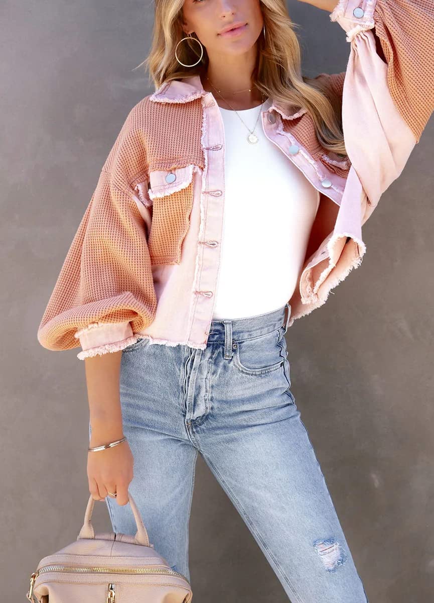 Women's Cropped Waffle Knit Jacket - Boyfriend Style Button Down Shacket Top for Casual Outfits & Layering | Fall & Spring Fashion Essential