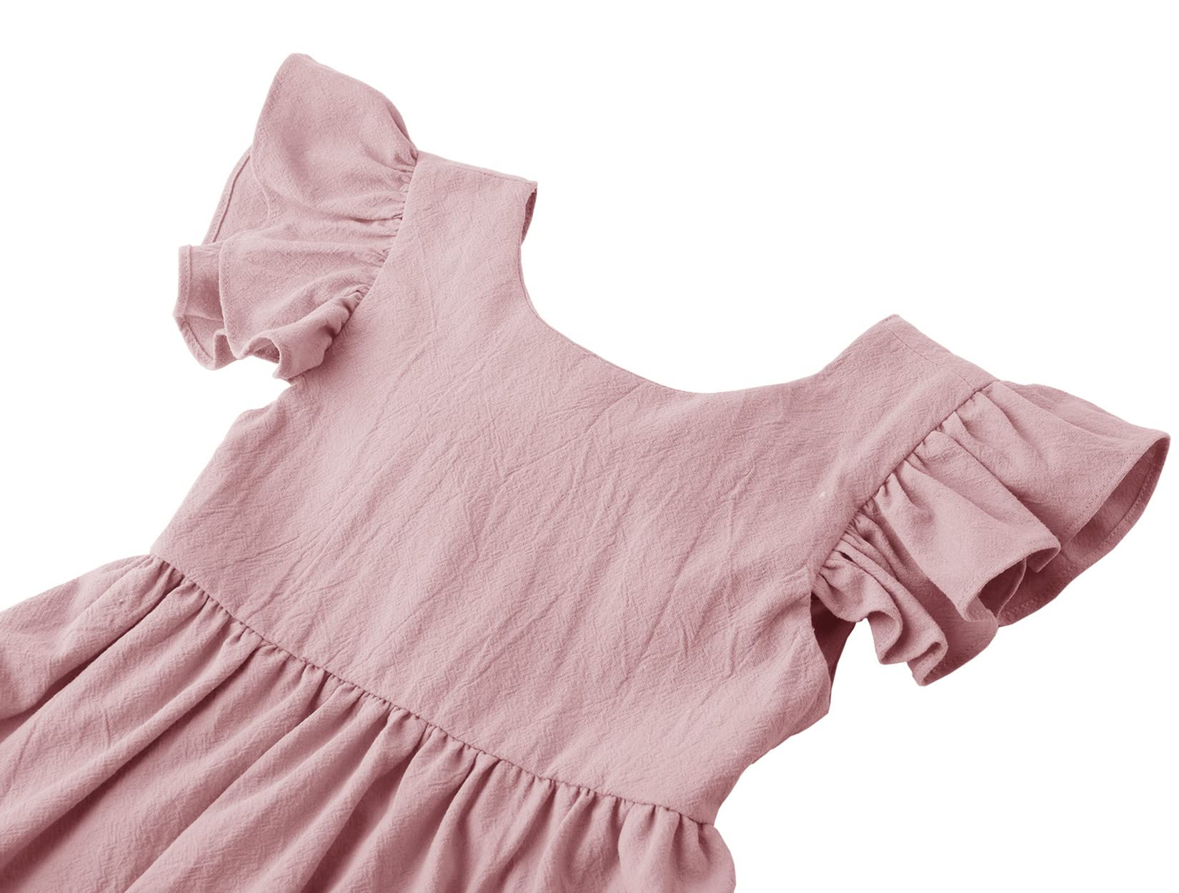 Toddler Baby Girl Cotton Linen Summer Dress with Ruffle Sleeves & Back Bowknot - Cute Kids Beach Dresses for Outdoor Play, Vacation & Photoshoots