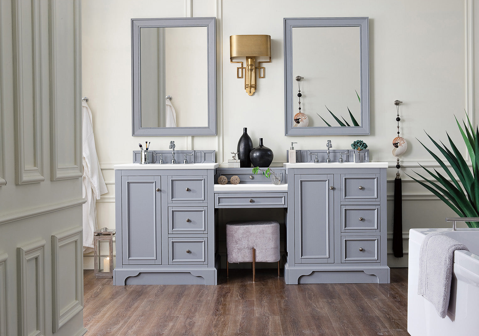 De Soto 82 Inch Double Vanity Set with Makeup Table - Silver Gray Finish, 3CM Thick Classic White Quartz Countertop | Perfect for Bathroom Remodeling & Master Suite Upgrades