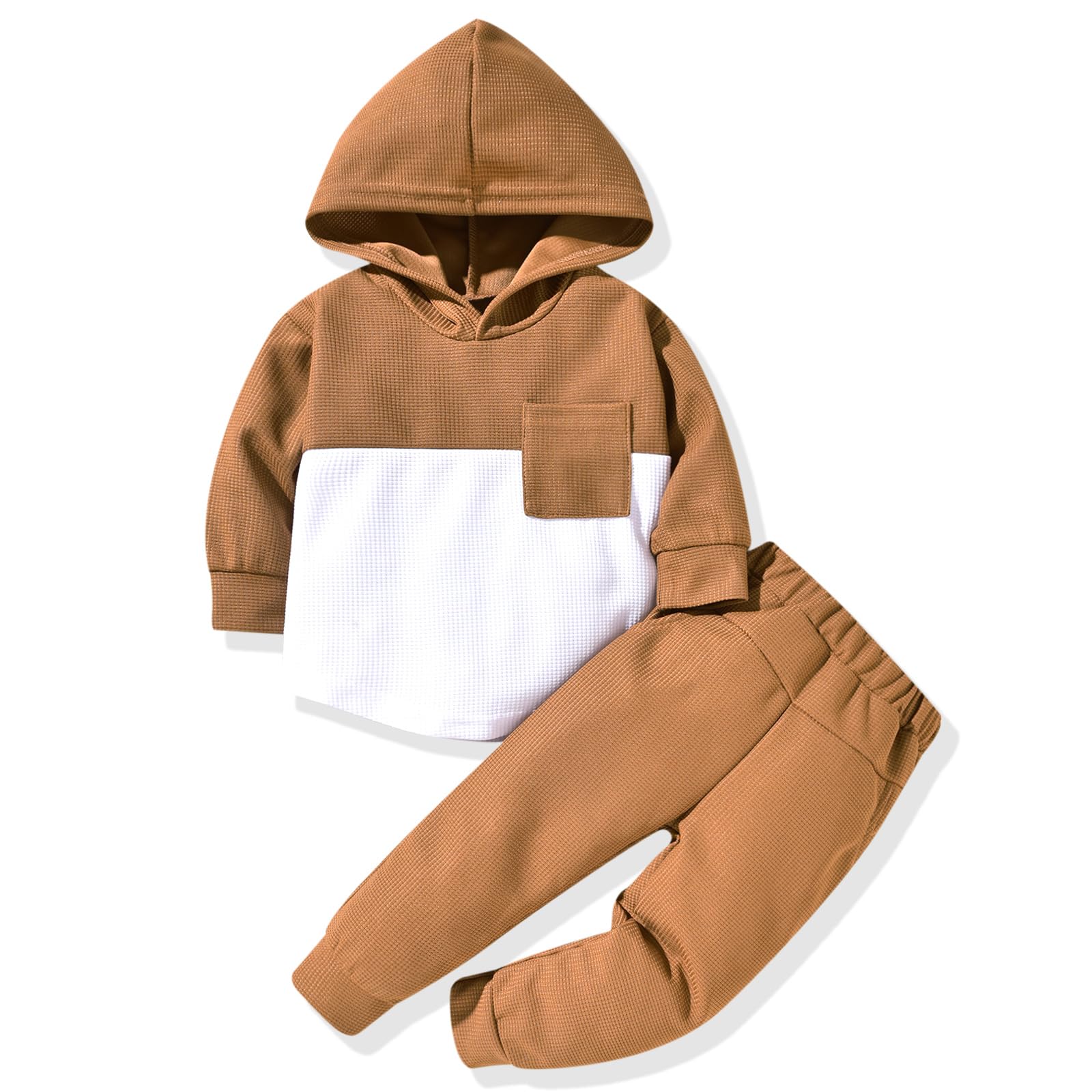 Boys' Fall Winter Waffle Hooded Sweatshirt & Pants Set - Color Block Long Sleeve Outfit for Toddlers | Warm Playdate & Preschool Clothing