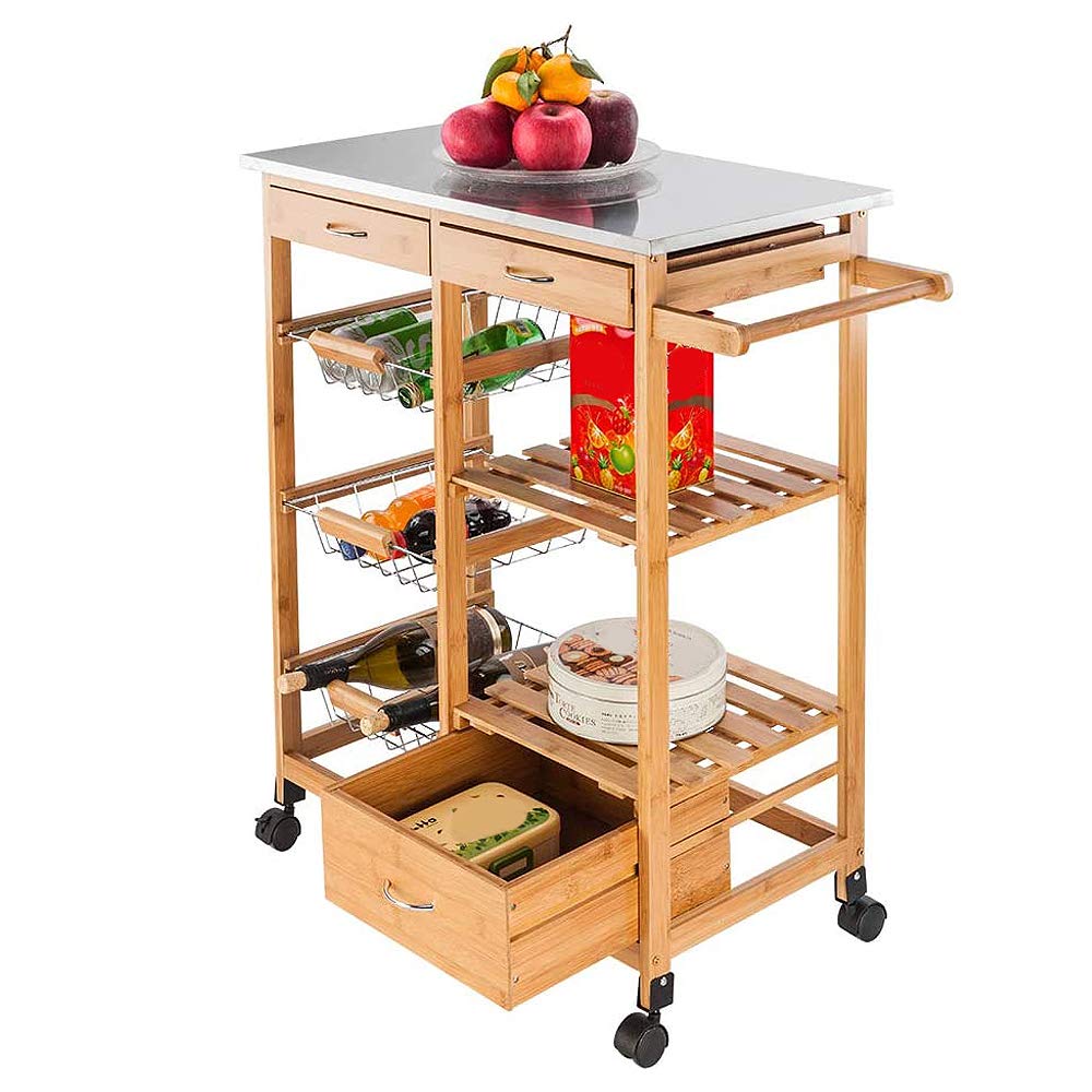 Stainless Steel Rolling Kitchen Island Cart with 3 Drawers & 3 Baskets - Wooden Mobile Serving Cart for Food & Beverages Storage - Perfect for Small Kitchens, Dining Rooms & Buffet Serving (Natural Wood Color)