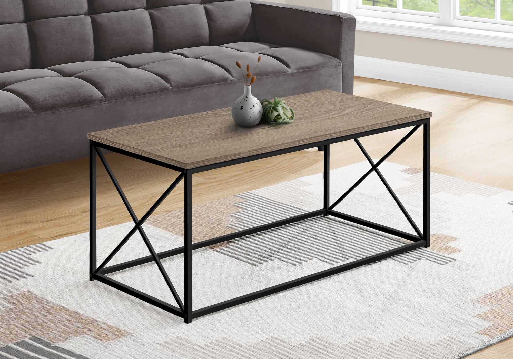 Modern Coffee Table 40L with Dark Taupe Finish & Black Metal Frame - Perfect for Living Room, Office, or Lounge Area
