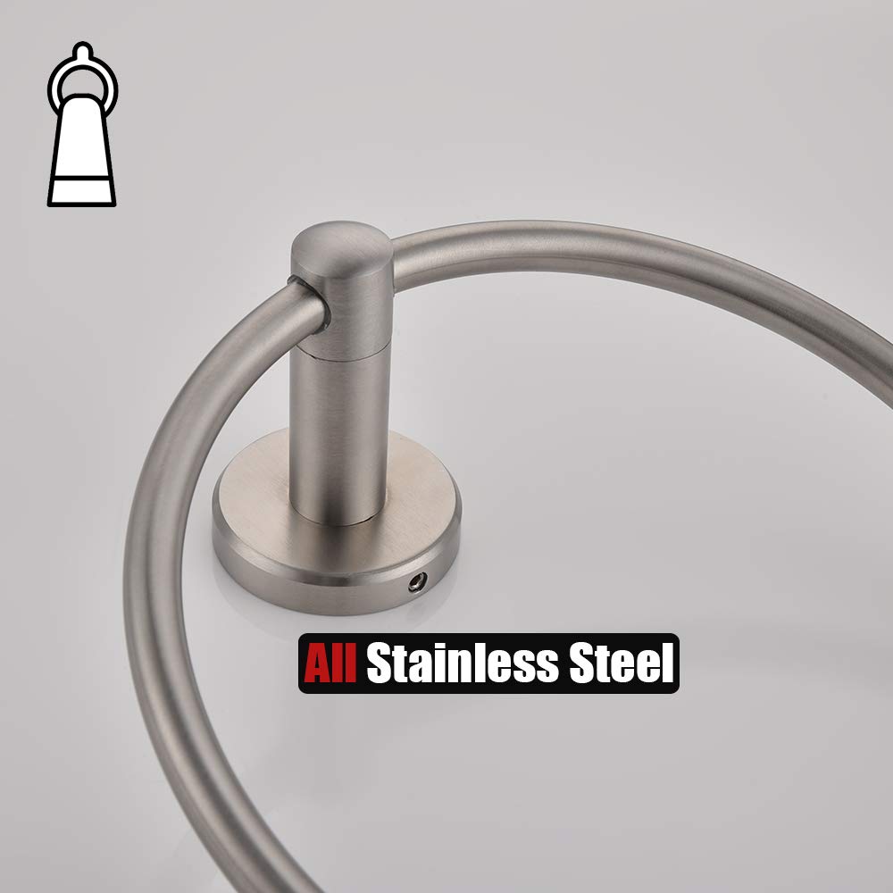 JQK 304 Stainless Steel Bathroom Towel Ring - Brushed Nickel Wall Mount Hand Towel Holder TR130-BN for Bath, Kitchen & Guest Room Decor