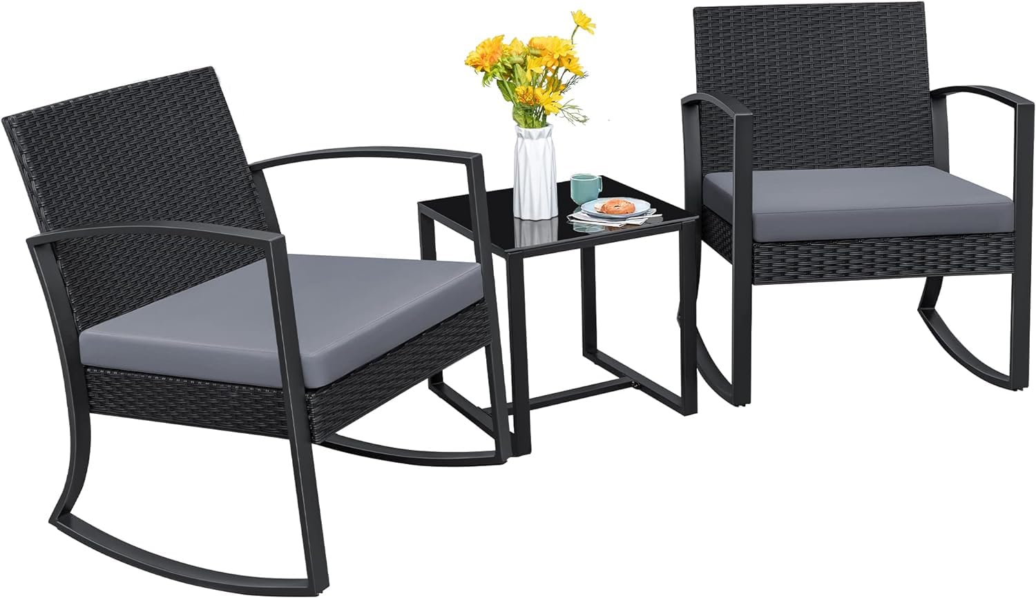 Homall 3-Piece Outdoor Patio Furniture Set - Resin Bistro Table & Rocking Chairs with Cushions for Porch, Poolside, Balcony, Yard (Grey) - Perfect for Relaxing, Entertaining & Outdoor Dining