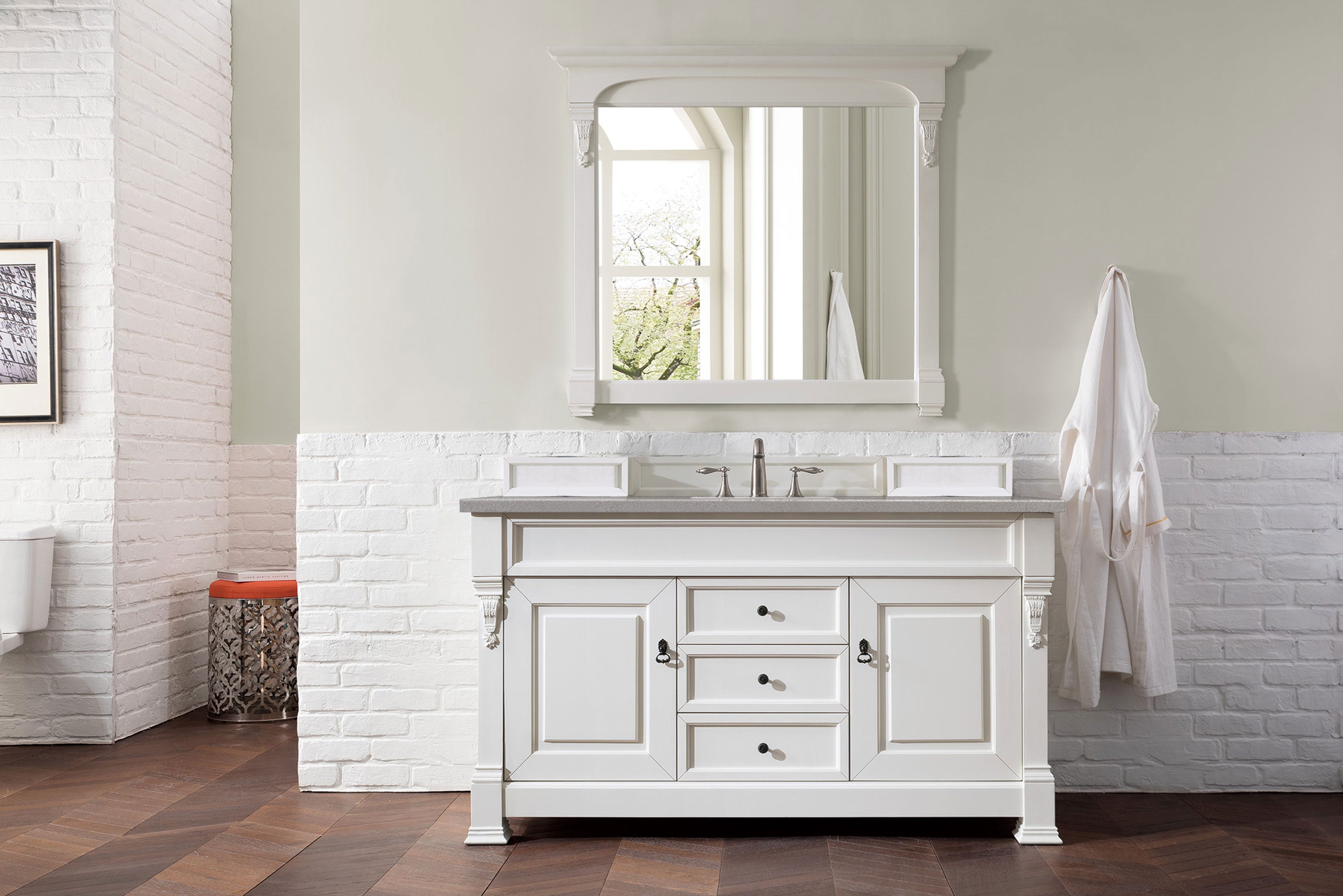 Brookfield 60-Inch Single Bathroom Vanity Set with Bright White Finish & 3CM Grey Expo Quartz Countertop – Perfect for Modern Master Bathrooms & Guest Suites