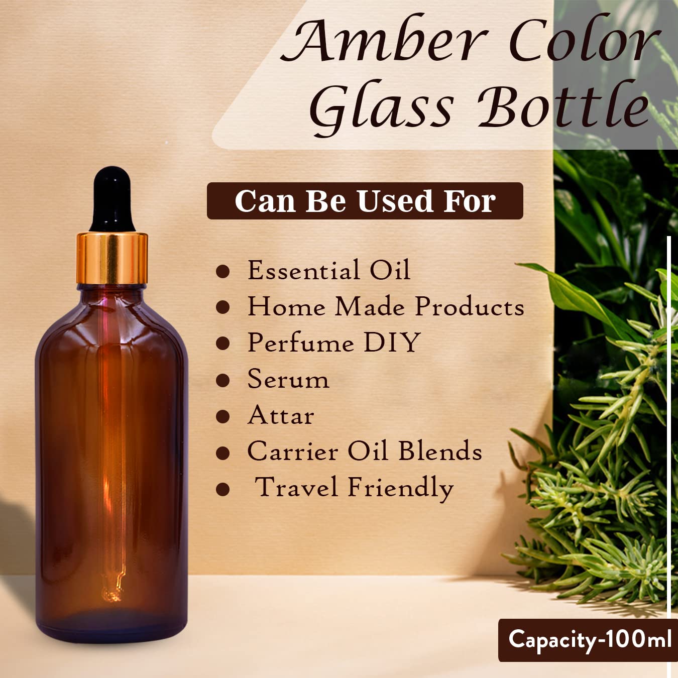 NSB Herbals 100ml Amber Round Empty Glass Bottle with Glass Dropper, Golden Ring & Black Silicone Teat - Refillable Essential Oil Container for DIY Perfumes, Aromatherapy, and Skincare (Pack of 1) - Perfect for Home, Spa, and Travel Use