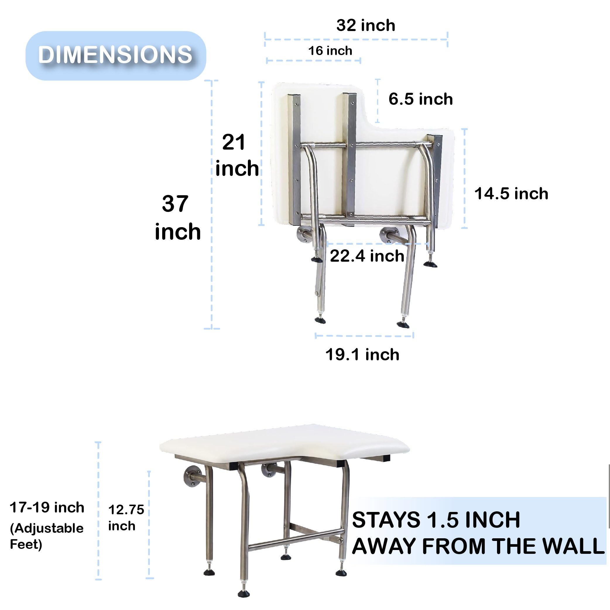 Heavy Duty Padded Shower Seat with Legs - 600lb Capacity ADA Compliant Stainless Steel Shower Chair for Elderly & Disabled - Foldable Wall Mounted (32