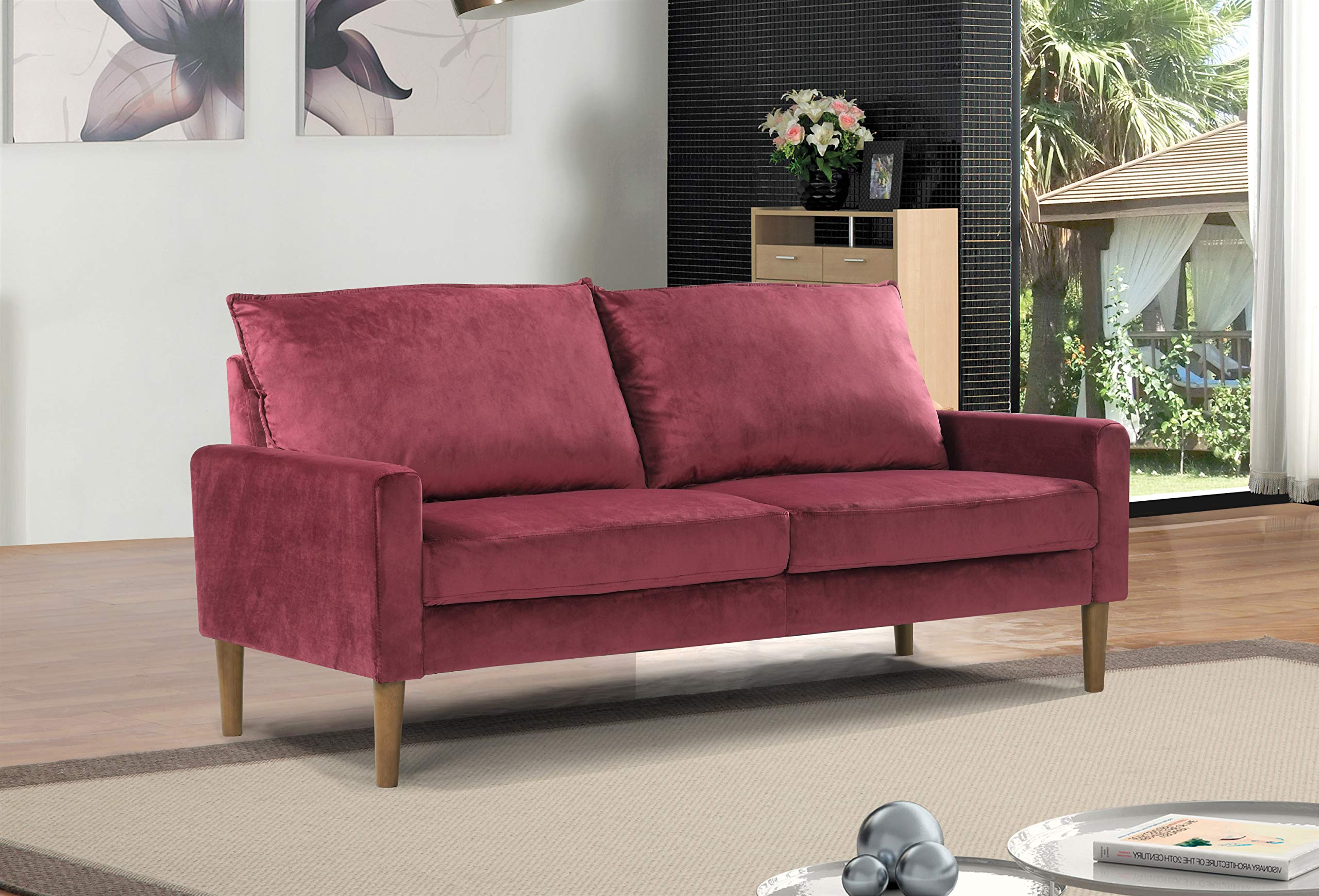 Mid Century Modern Velvet 3-Seater Sofa for Small Spaces - Burgundy Upholstered Living Room & Bedroom Couch with Easy Assembly | Perfect for Apartments, Dorms and Cozy Home Decor