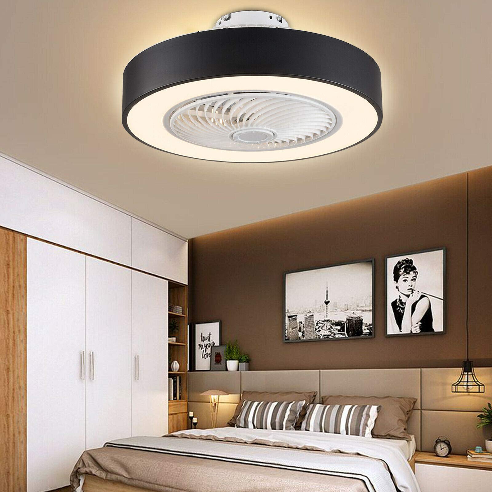 OUKANING 22 Inch LED Round Ceiling Fan with Light, Remote Control 3 Speed 3 Color Dimmable - Semi Flush Mount Chandelier for Bedroom, Living Room, Kitchen, Bunk Bed, Loft (Black) - Perfect for Modern Home Decor and Energy Efficient Lighting