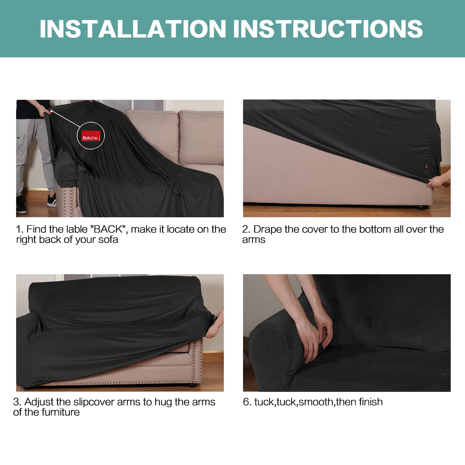 Luxury Turquoise Velvet Stretch Sofa Cover for 3-Cushion Large Couches - Non-Slip Elastic Bottom, Soft Fabric Slipcover (XL, Black) | Perfect for Living Room, Home Decor & Pet Protection