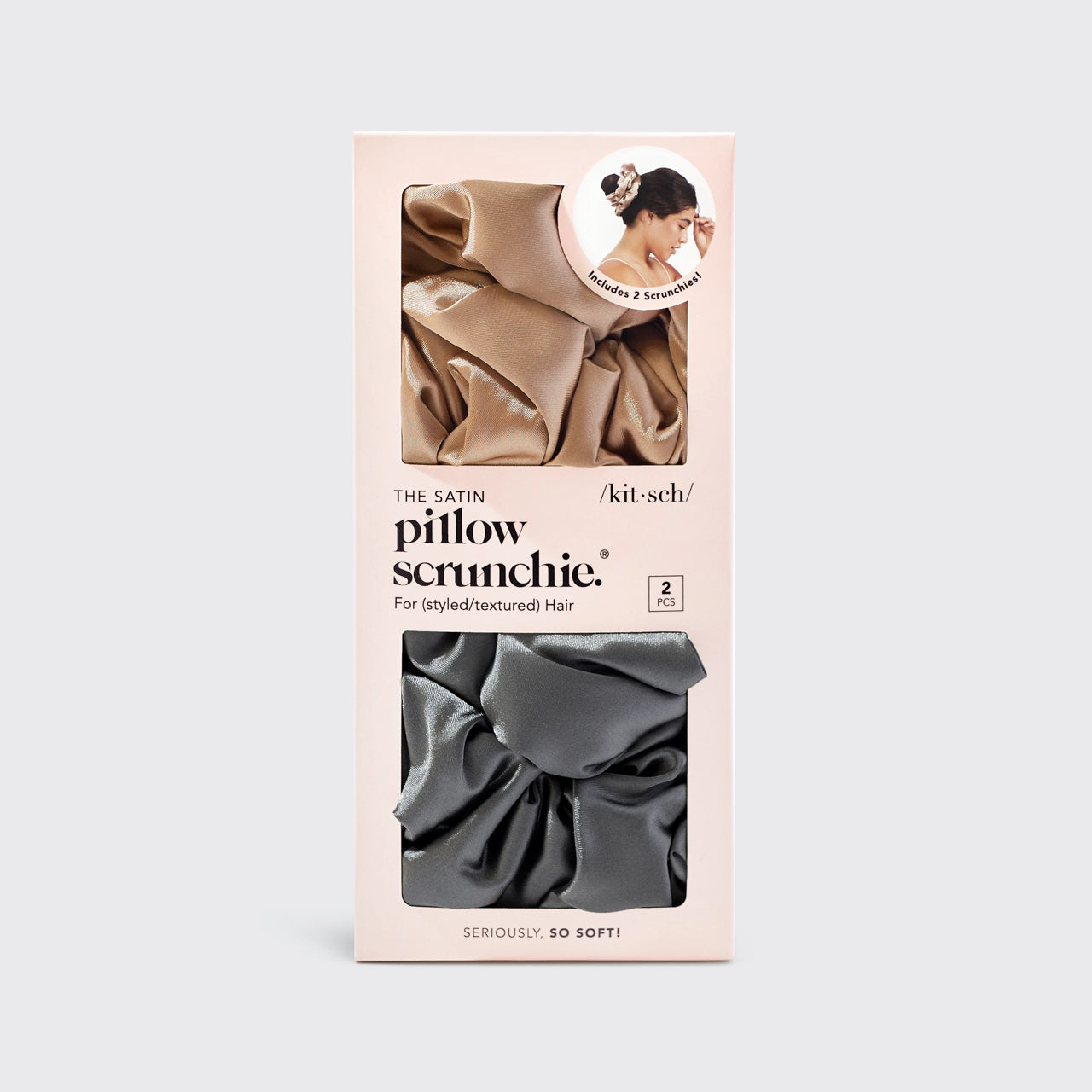 Kitsch Satin Pillow Scrunchies for Hair - Charcoal & Gold Hair Accessories for Women, Sleep & Travel - Soft Scrunchies for Curly Hair & Hair Protection