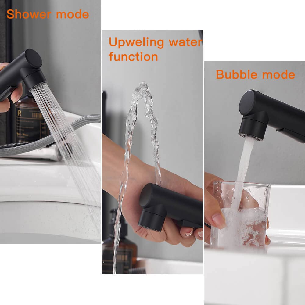 Black Single Handle Brass Bathroom Sink Faucet with Pull-Out Sprayer - 3 Water Flow Modes for Hot & Cold Water - Perfect for Vanity, Basin, and Modern Bathroom Renovations