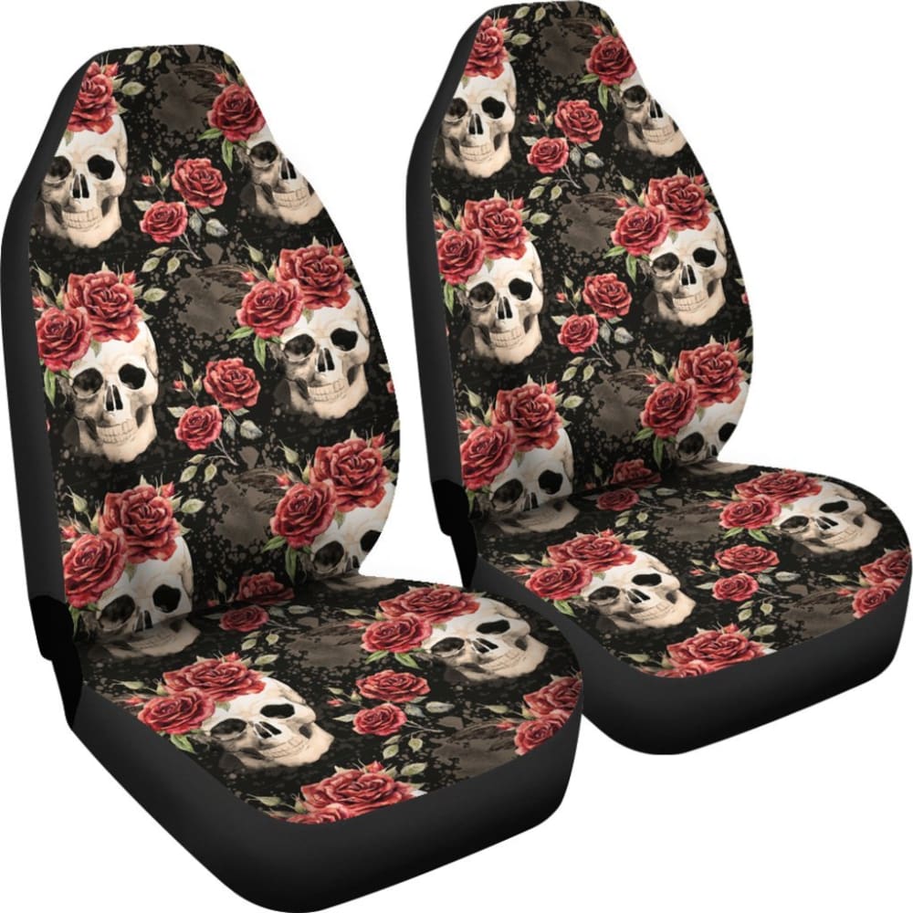 2 Pcs Floral Sugar Skull Car Seat Covers - Day of The Dead Mexican Style Decor for Cars, Trucks & SUVs - Perfect for Halloween, Dia de Muertos & Themed Parties